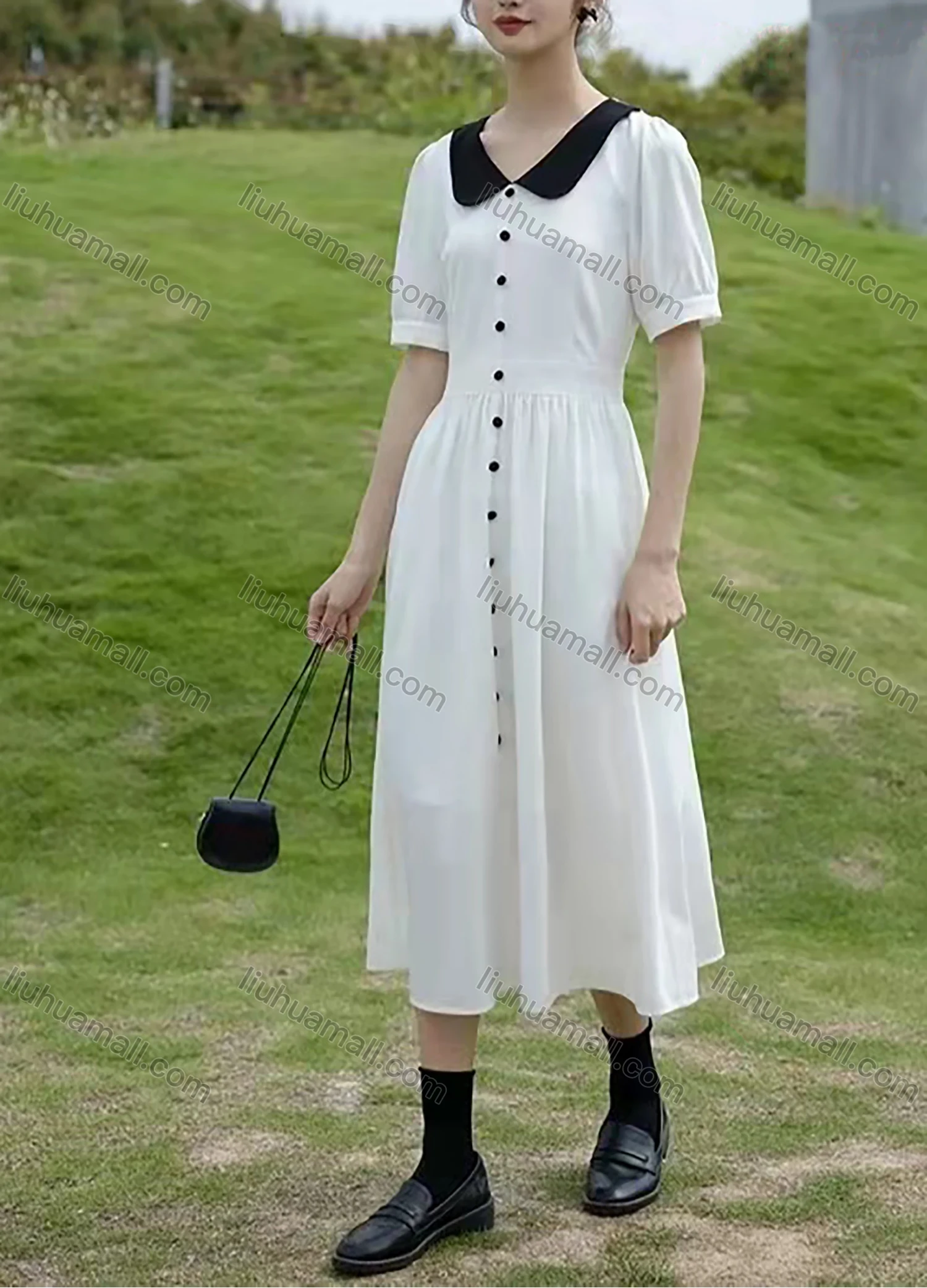 Wholesale Women's Peter Pan Collar Lantern Sleeve Buttons Ruffle Hem Midi Dress AY166# - Liuhuamall