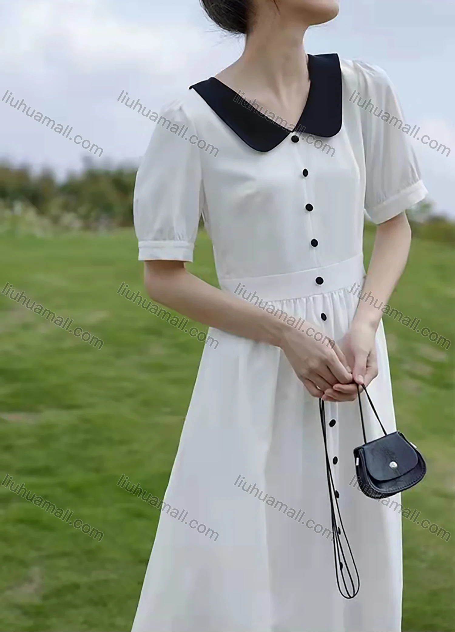 Wholesale Women's Peter Pan Collar Lantern Sleeve Buttons Ruffle Hem Midi Dress AY166# - Liuhuamall