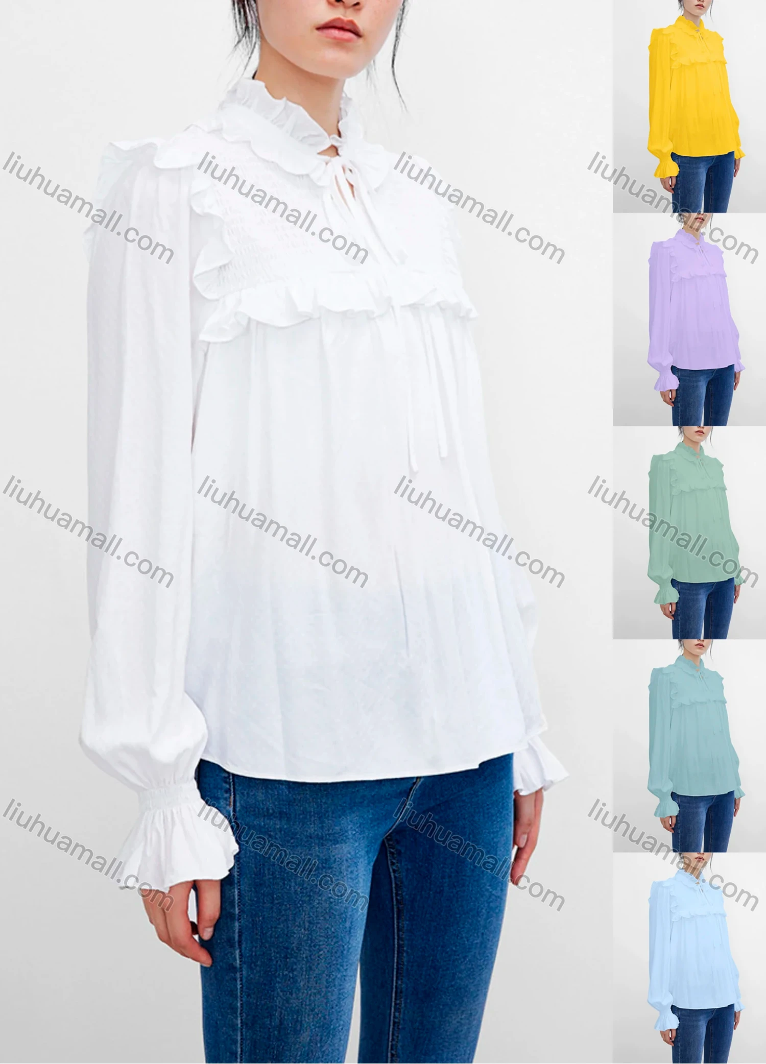 Wholesale Women's Casual Poet Sleeve Ruffle Neck Tie Front Ruffle Trim Plain Top - Liuhuamall