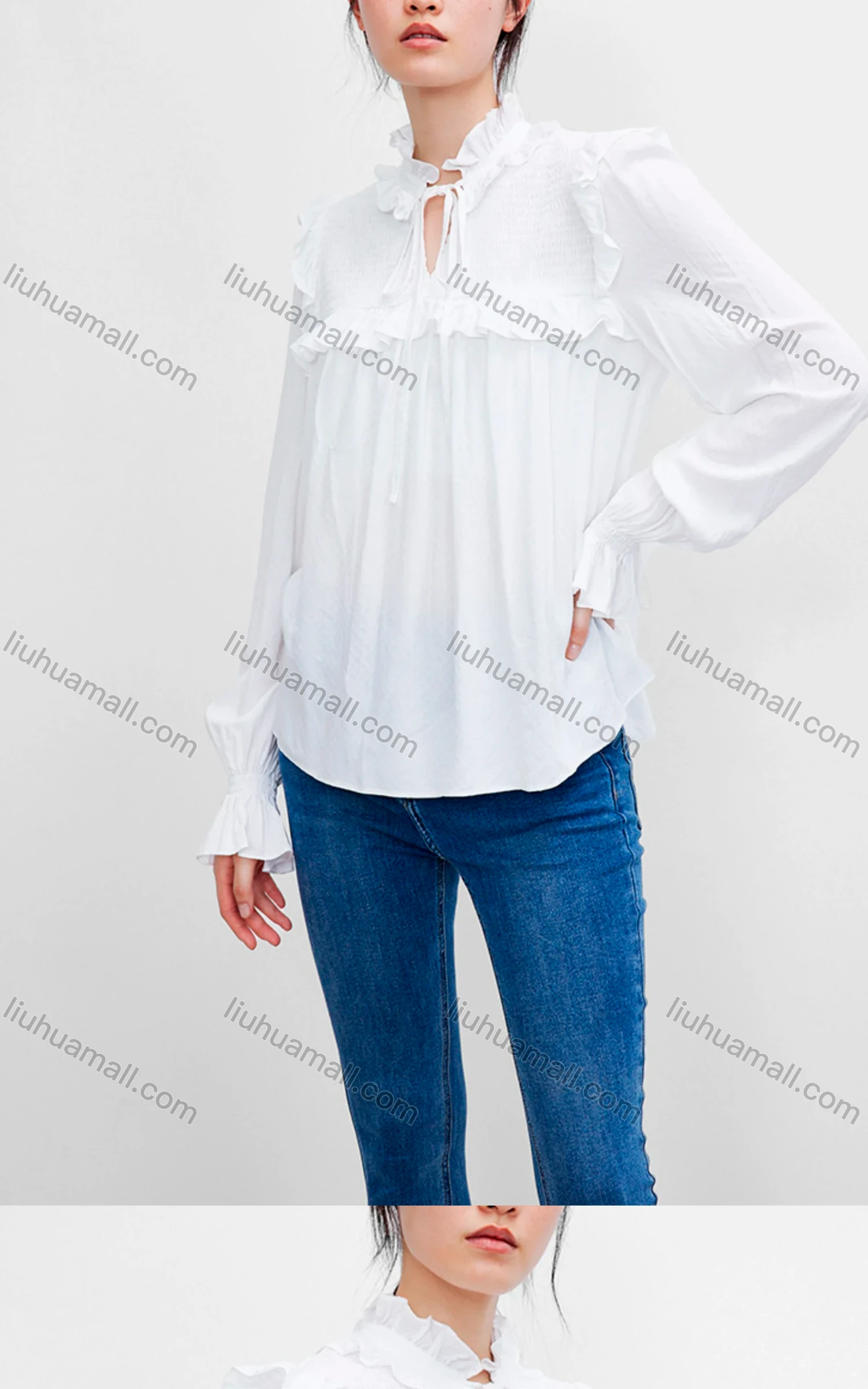 Wholesale Women's Casual Poet Sleeve Ruffle Neck Tie Front Ruffle Trim Plain Top - Liuhuamall