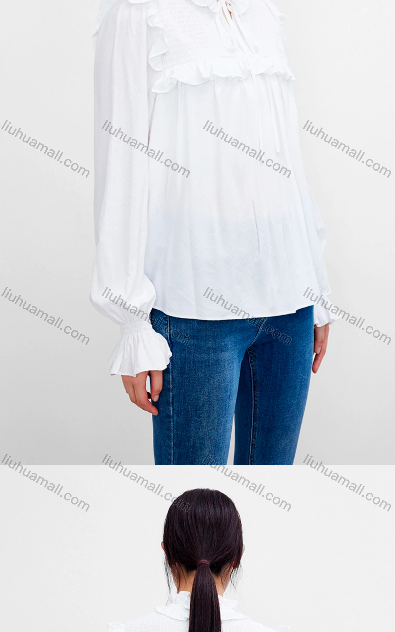 Wholesale Women's Casual Poet Sleeve Ruffle Neck Tie Front Ruffle Trim Plain Top - Liuhuamall