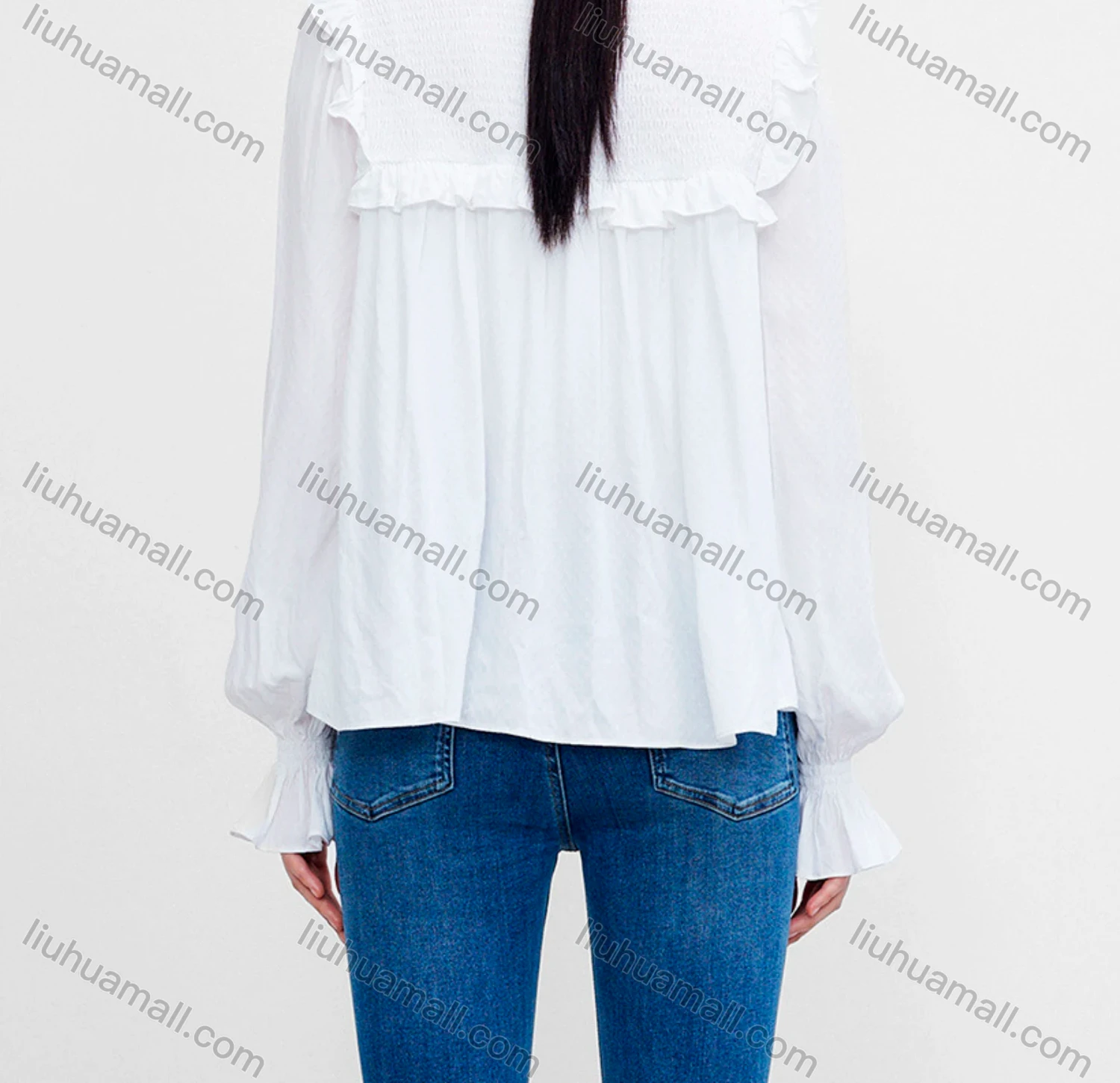 Wholesale Women's Casual Poet Sleeve Ruffle Neck Tie Front Ruffle Trim Plain Top - Liuhuamall