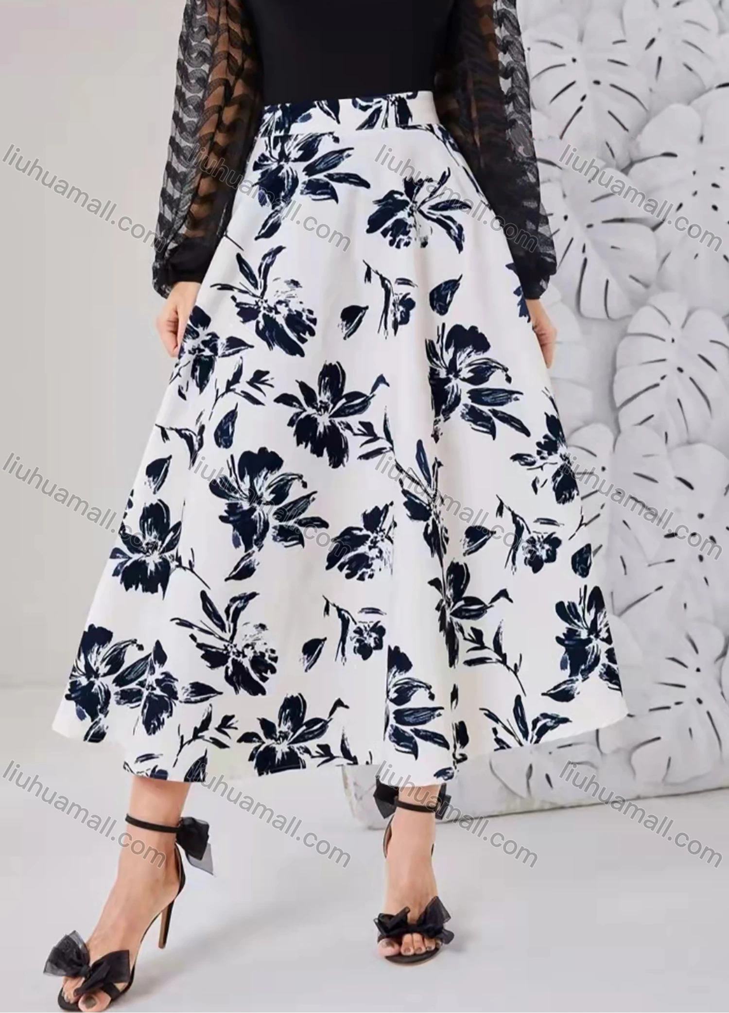 Wholesale Women's Floral Print Ruffle Hem Elegant A-Line Midi Skirt AY167# - Liuhuamall
