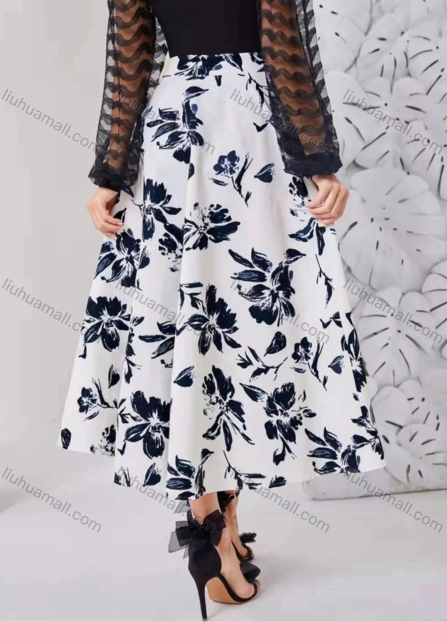 Wholesale Women's Floral Print Ruffle Hem Elegant A-Line Midi Skirt AY167# - Liuhuamall