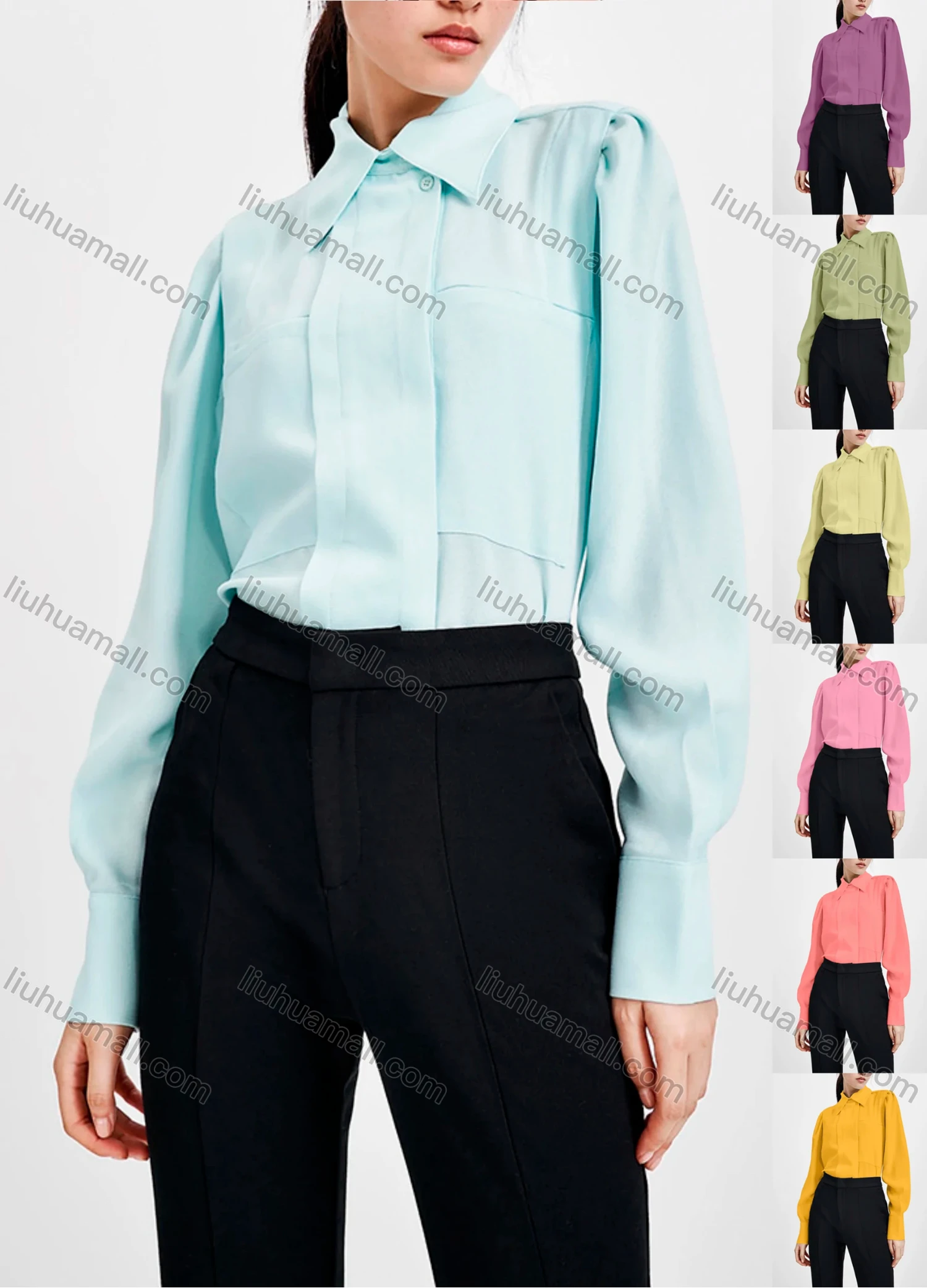 Wholesale Women's Elegant Long Sleeve Collared Button Down Plain Shirt - Liuhuamall