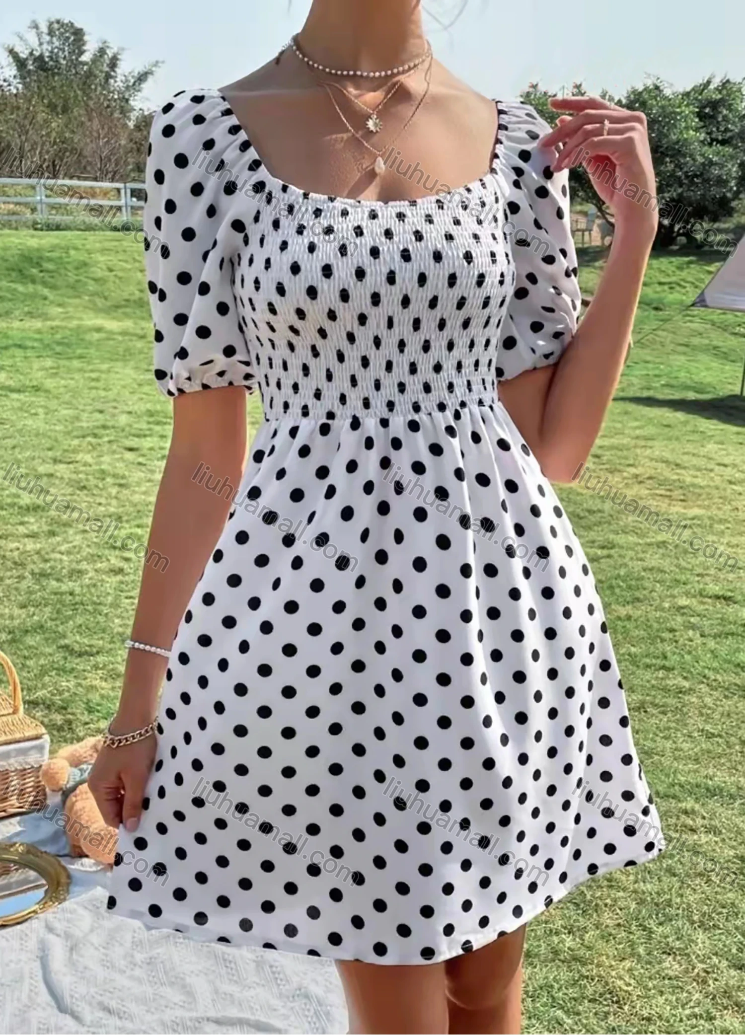 Wholesale Women's Square Neck Shirred Puff Sleeve Shirred Polka Dot Short Dress AY168# - Liuhuamall