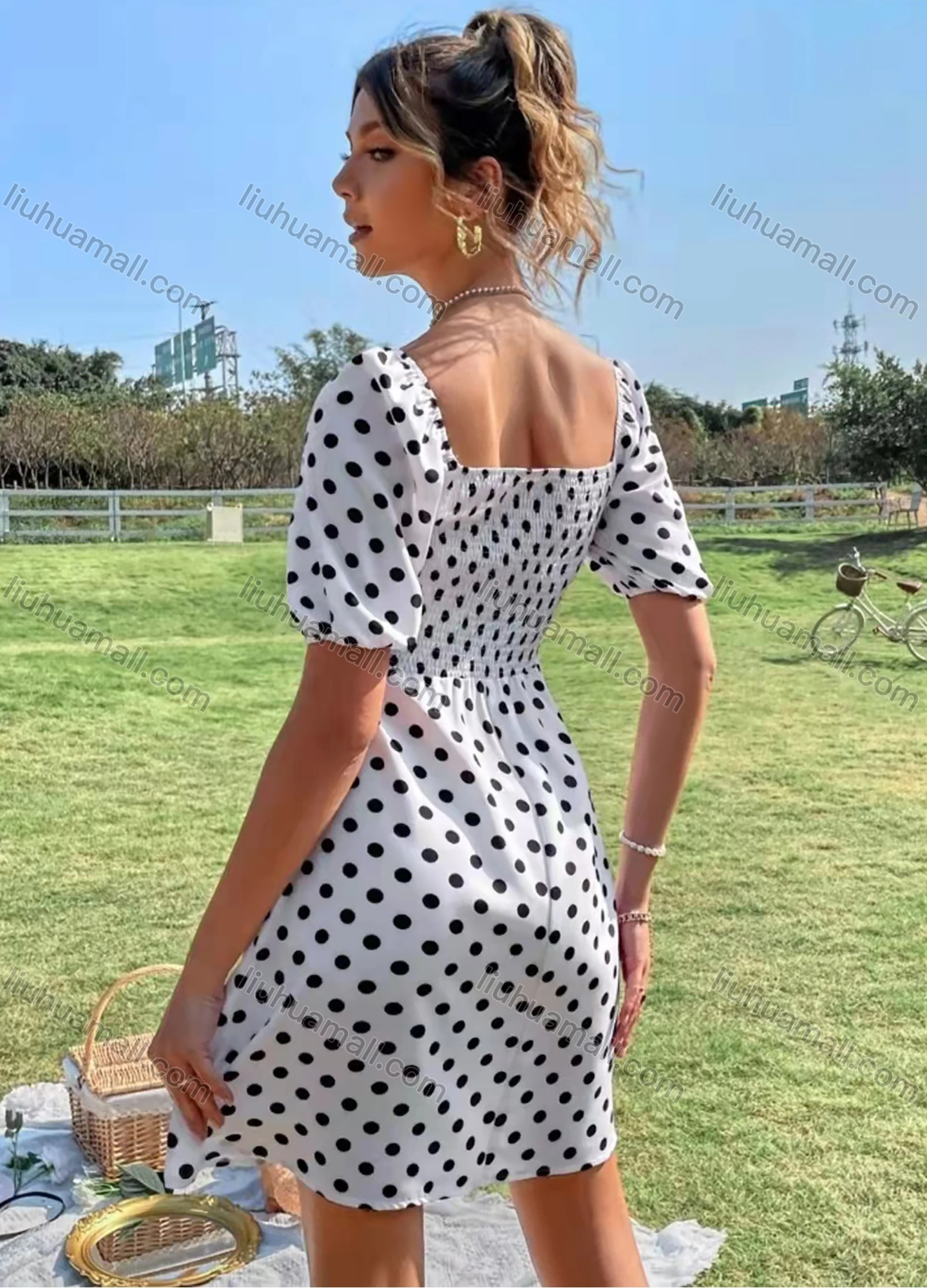 Wholesale Women's Square Neck Shirred Puff Sleeve Shirred Polka Dot Short Dress AY168# - Liuhuamall