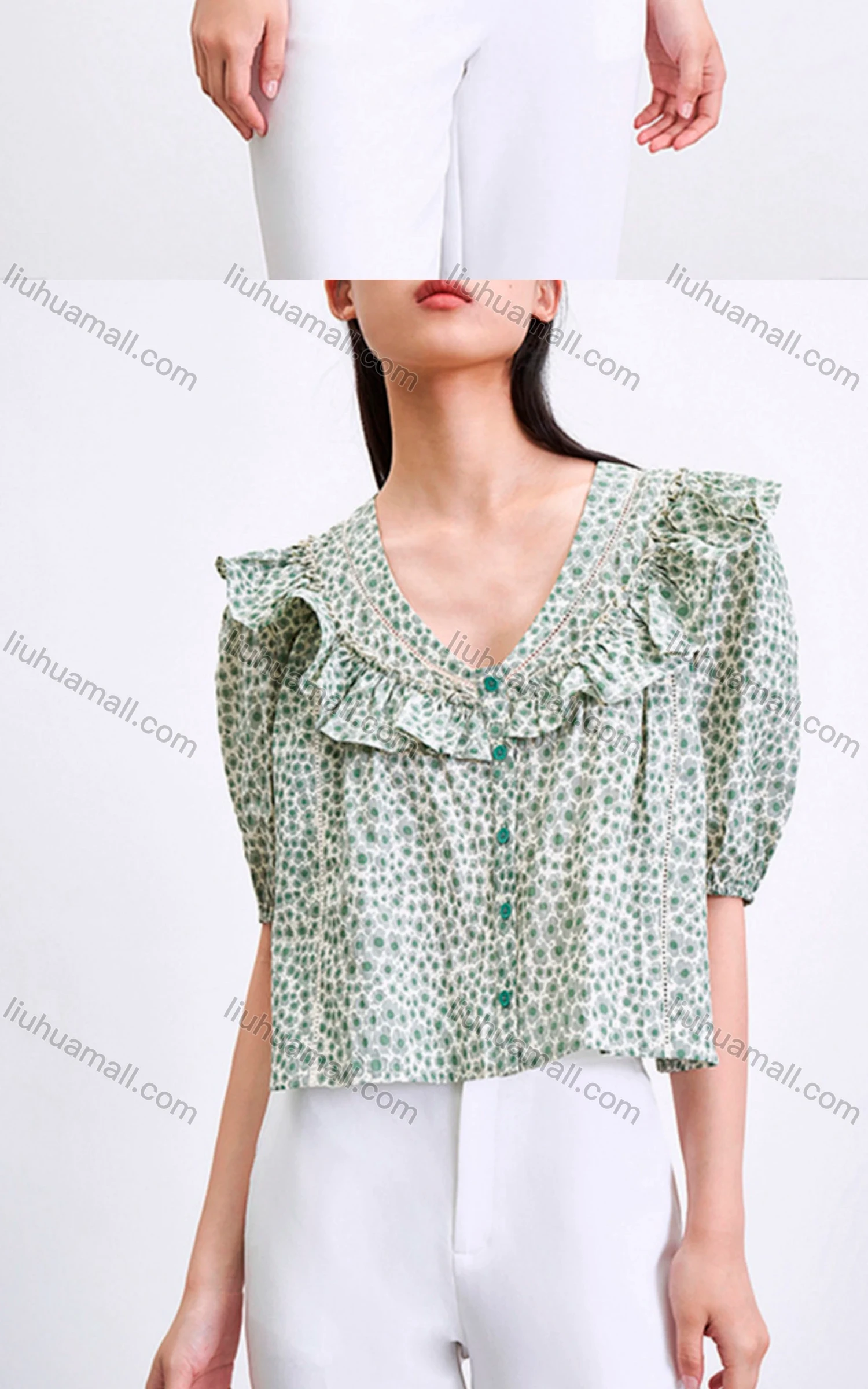Wholesale Women's Elegant Half Sleeve Scoop Neck Floral Print Ruffle Trim Top 806023# - Liuhuamall
