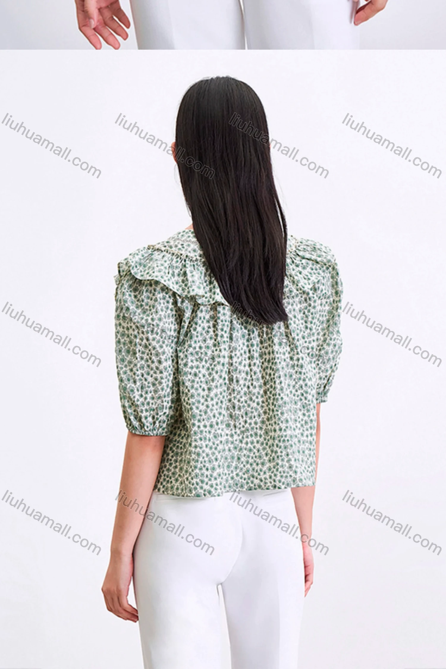 Wholesale Women's Elegant Half Sleeve Scoop Neck Floral Print Ruffle Trim Top 806023# - Liuhuamall