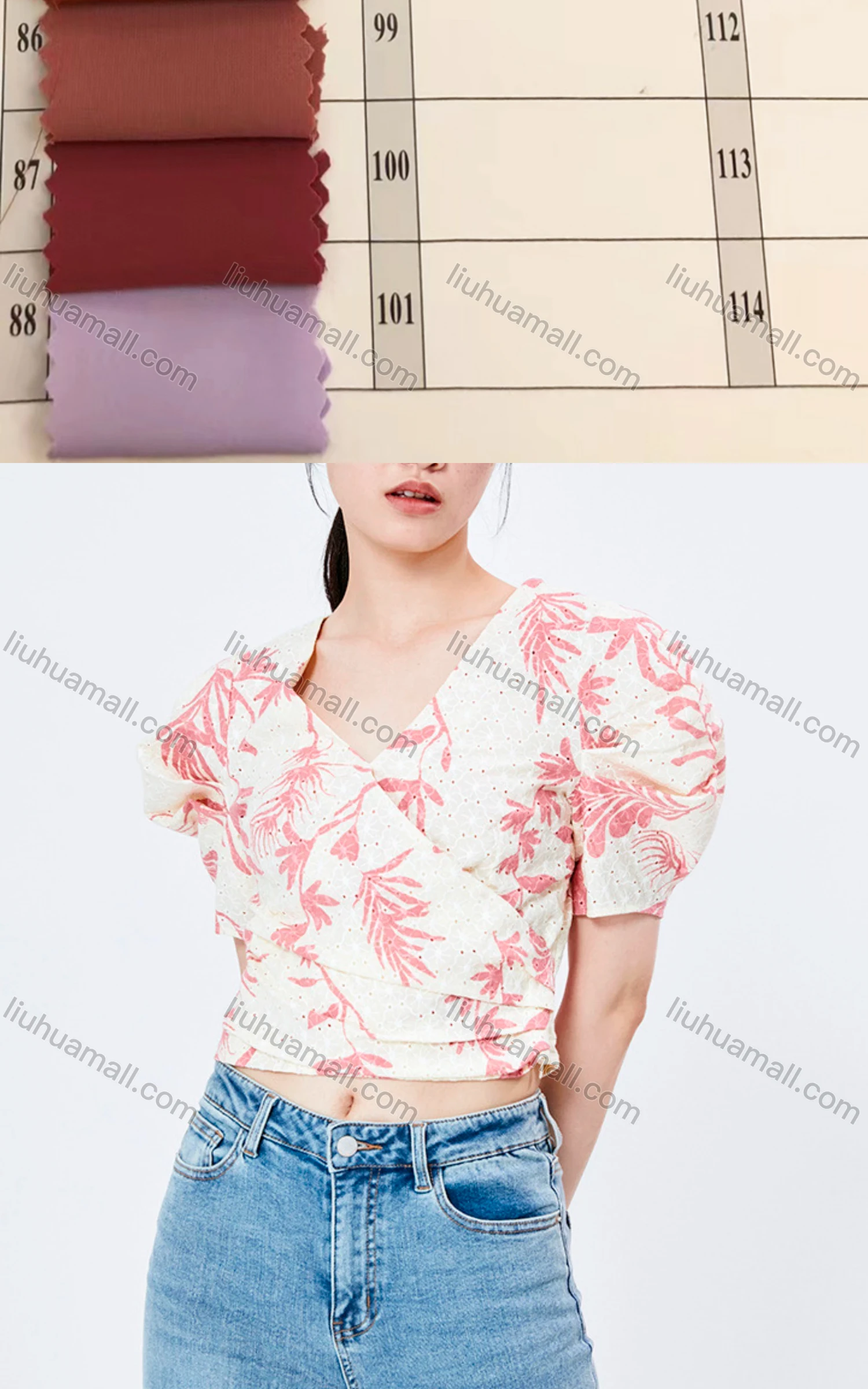 Wholesale Women's Elegant Wrap V Neck Puff Sleeve Plants Print Eyelet Embroidered Top 821931# - Liuhuamall