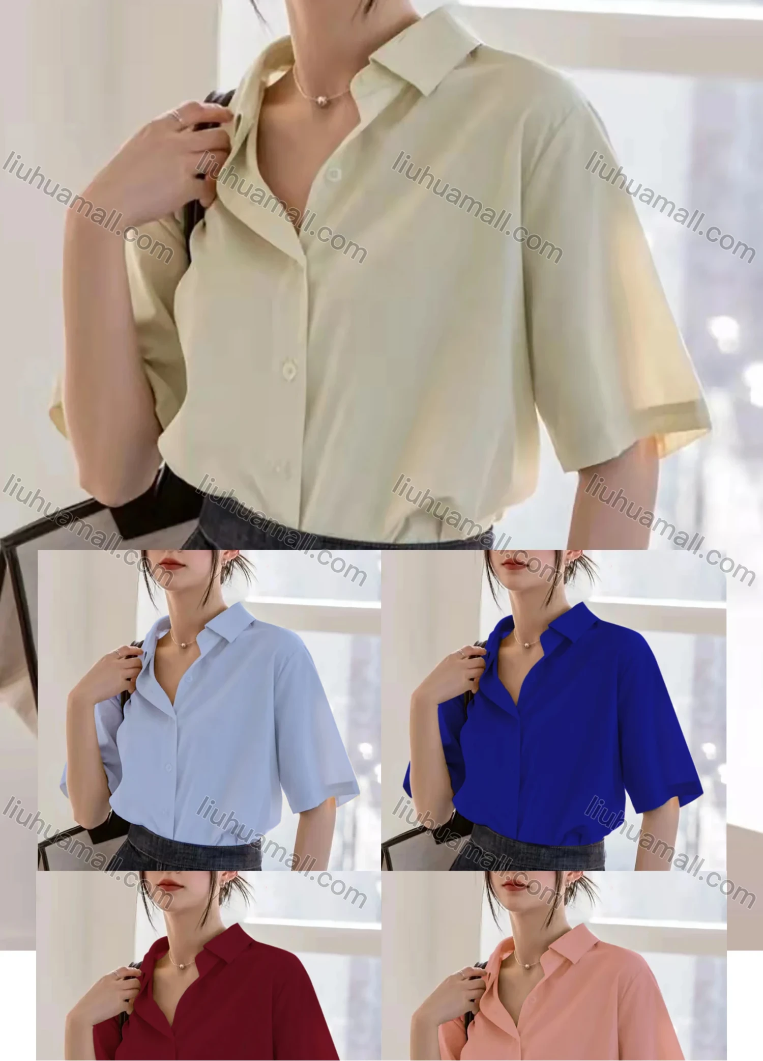 Wholesale Women's Collared Short Sleeve Buttons Plain Casual Shirt AY170# - Liuhuamall