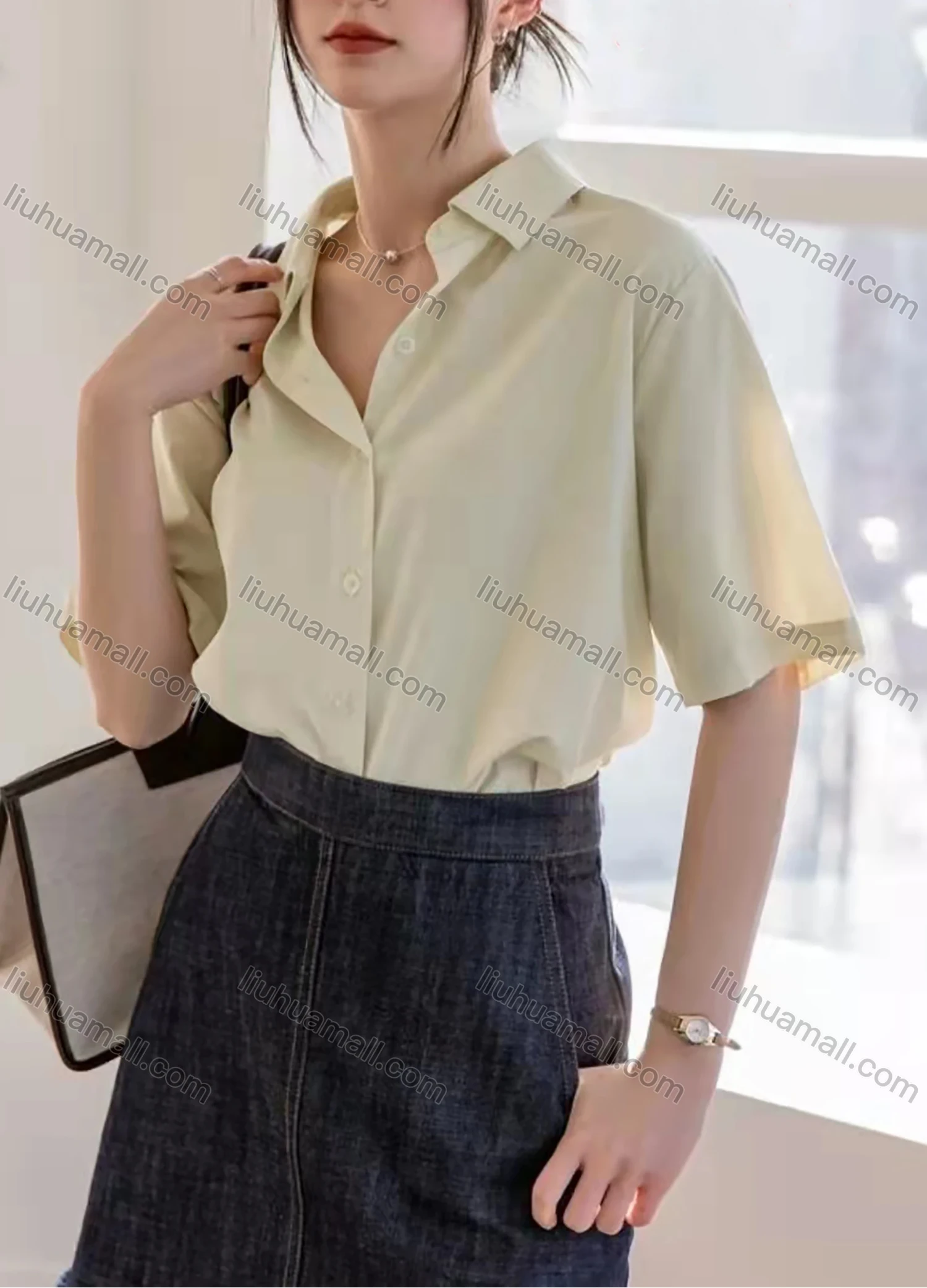 Wholesale Women's Collared Short Sleeve Buttons Plain Casual Shirt AY170# - Liuhuamall