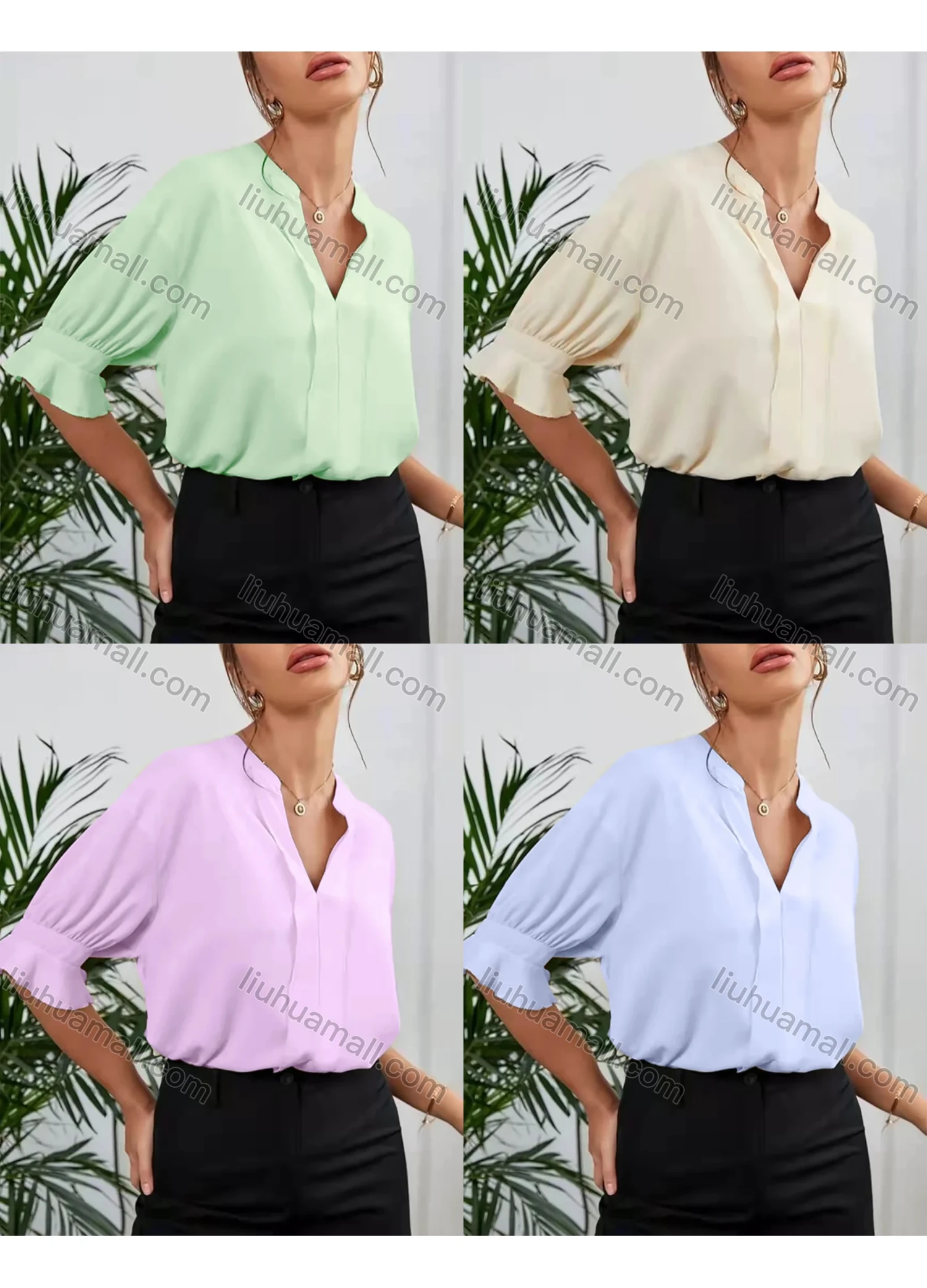 Wholesale Women's Notched Neck Poet Sleeve Plain Casual Blouse AY171# - Liuhuamall