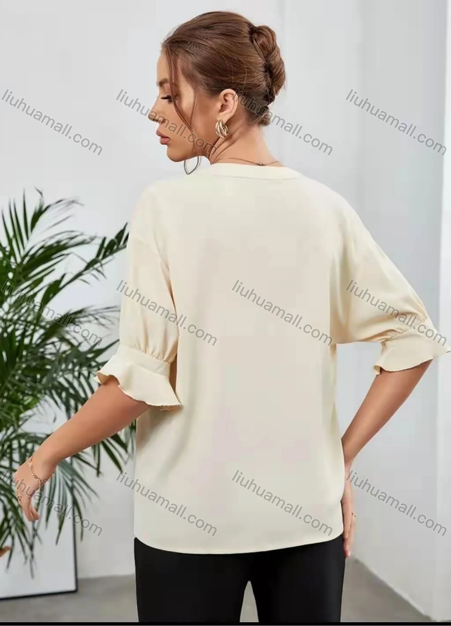 Wholesale Women's Notched Neck Poet Sleeve Plain Casual Blouse AY171# - Liuhuamall