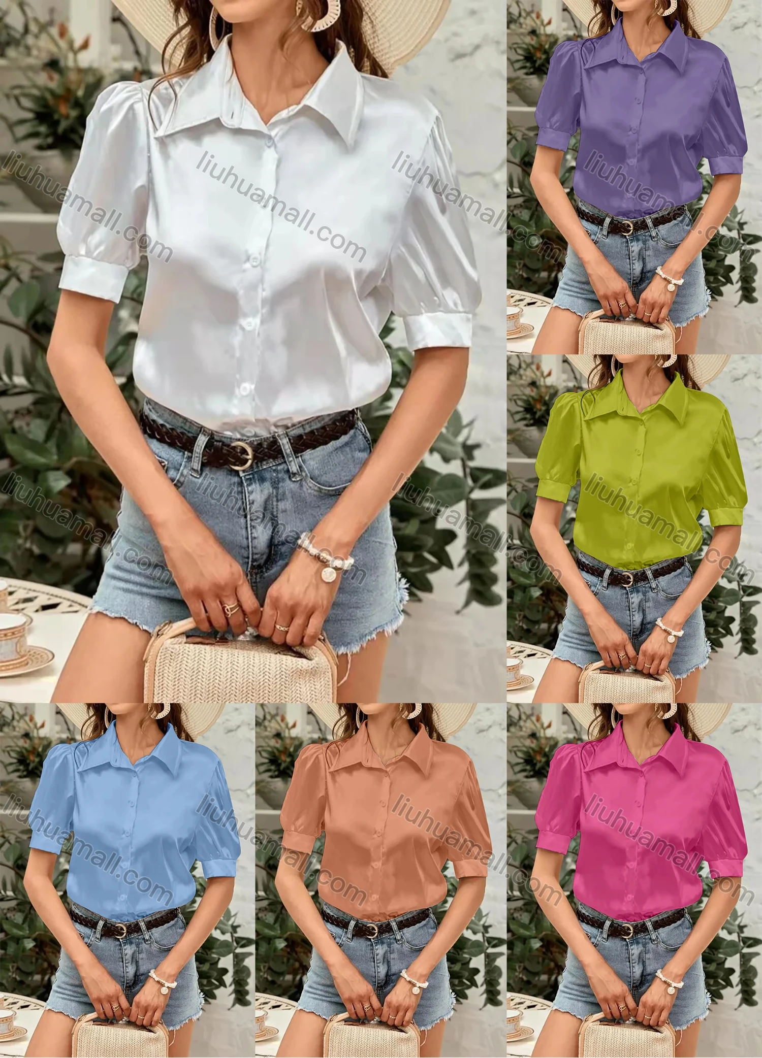 Wholesale Women's Collared Puff Sleeve Button Down Plain Satin Casual Shirt AY172# - Liuhuamall