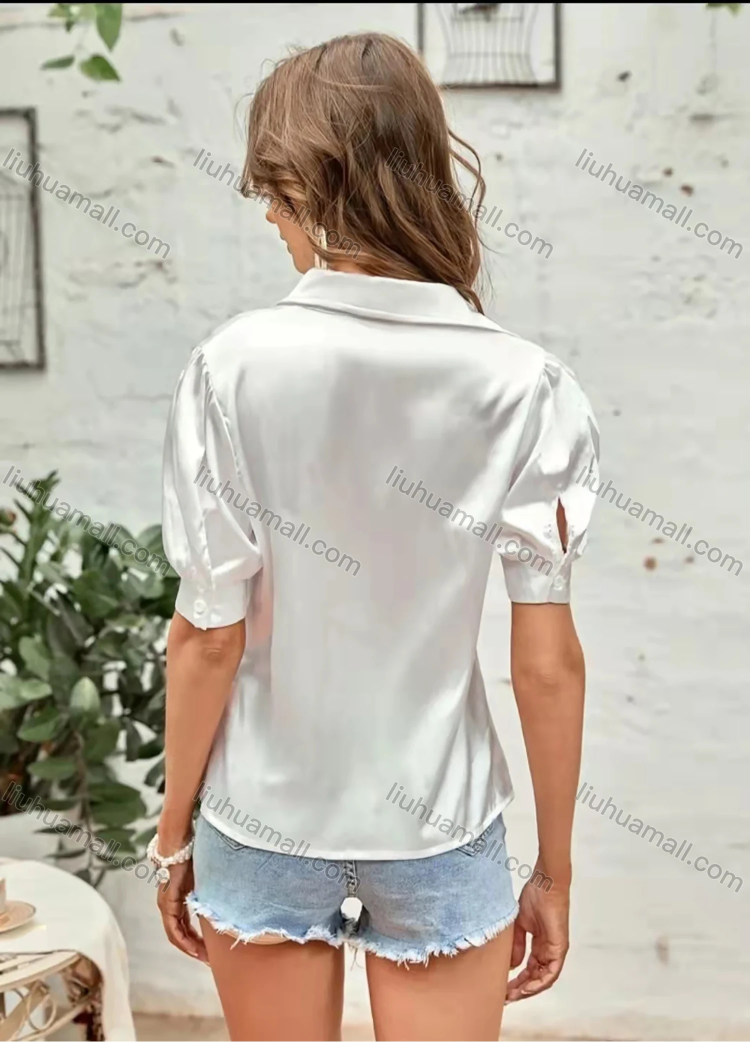 Wholesale Women's Collared Puff Sleeve Button Down Plain Satin Casual Shirt AY172# - Liuhuamall