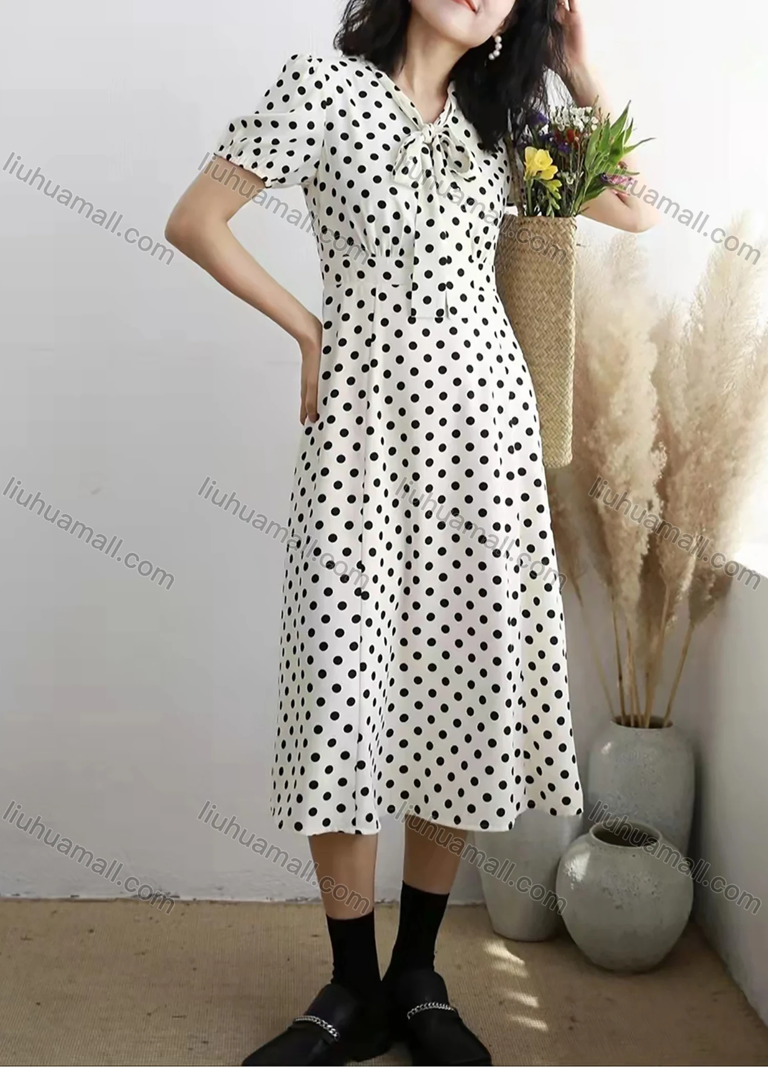 Wholesale Women's Retro Bow Tie Puff Sleeve Polka Dot Ruffle Hem Midi Dress AY173# - Liuhuamall