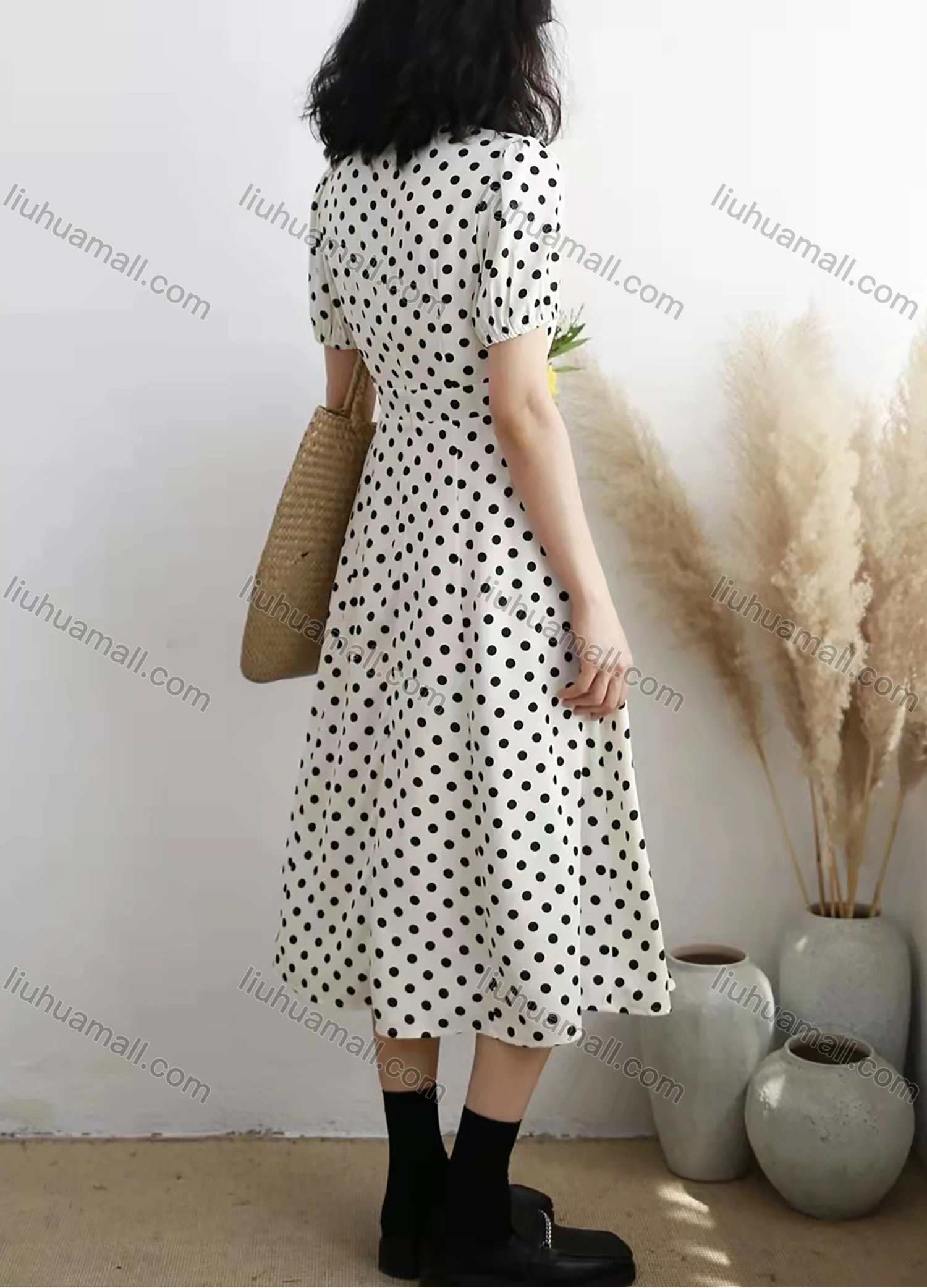 Wholesale Women's Retro Bow Tie Puff Sleeve Polka Dot Ruffle Hem Midi Dress AY173# - Liuhuamall