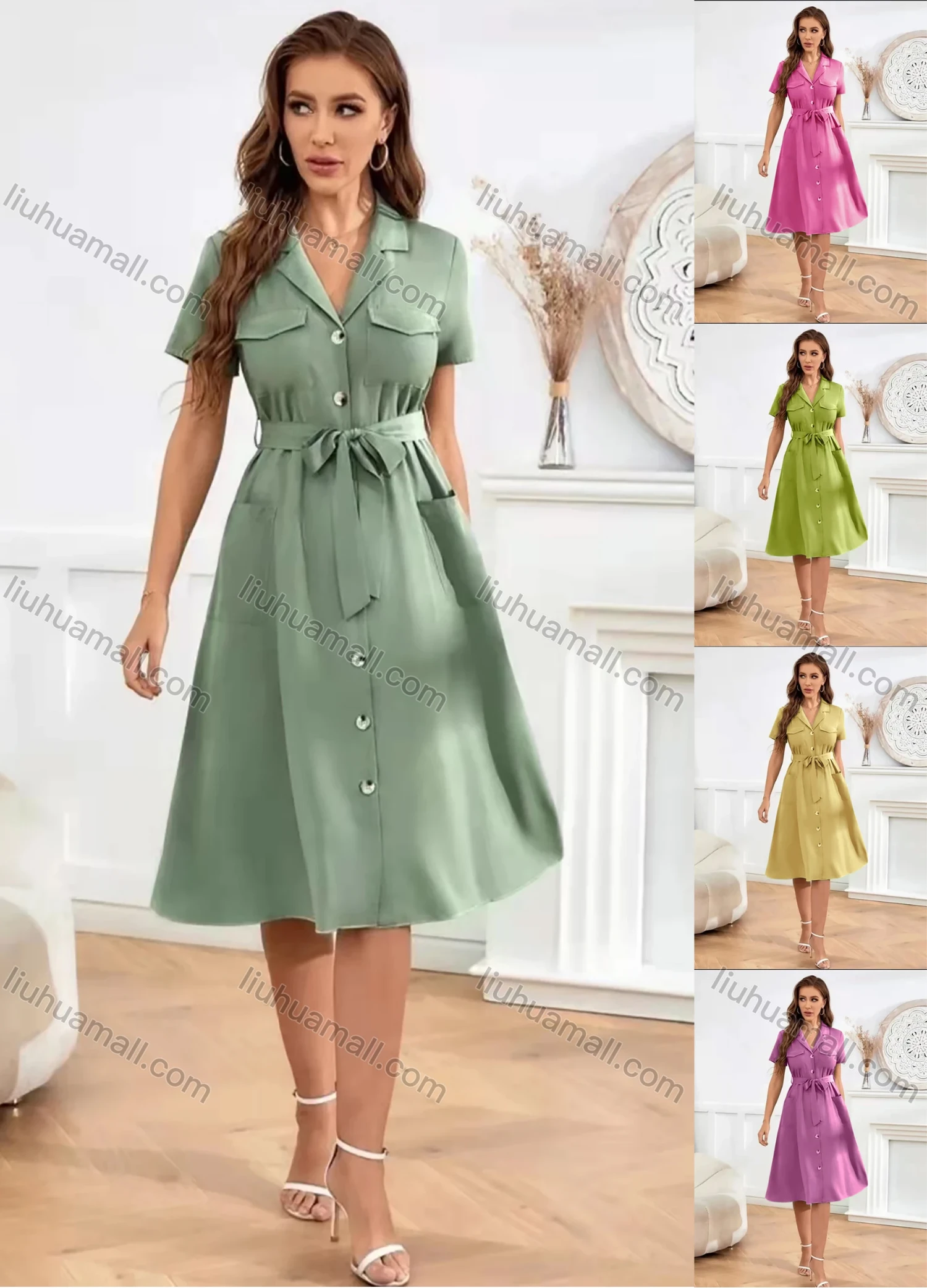 Wholesale Women's Casual Plain Lapel Short Sleeve Button Down Flap Pockets Midi Shirt Dress With Belt AY174# - Liuhuamall