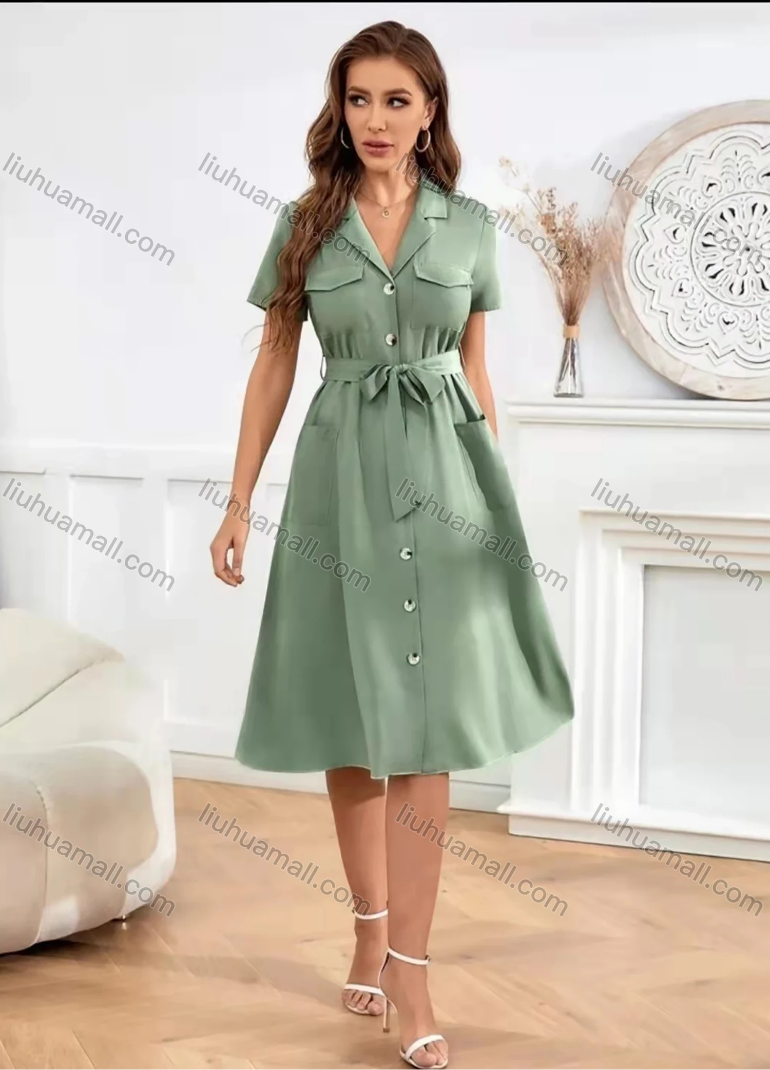 Wholesale Women's Casual Plain Lapel Short Sleeve Button Down Flap Pockets Midi Shirt Dress With Belt AY174# - Liuhuamall