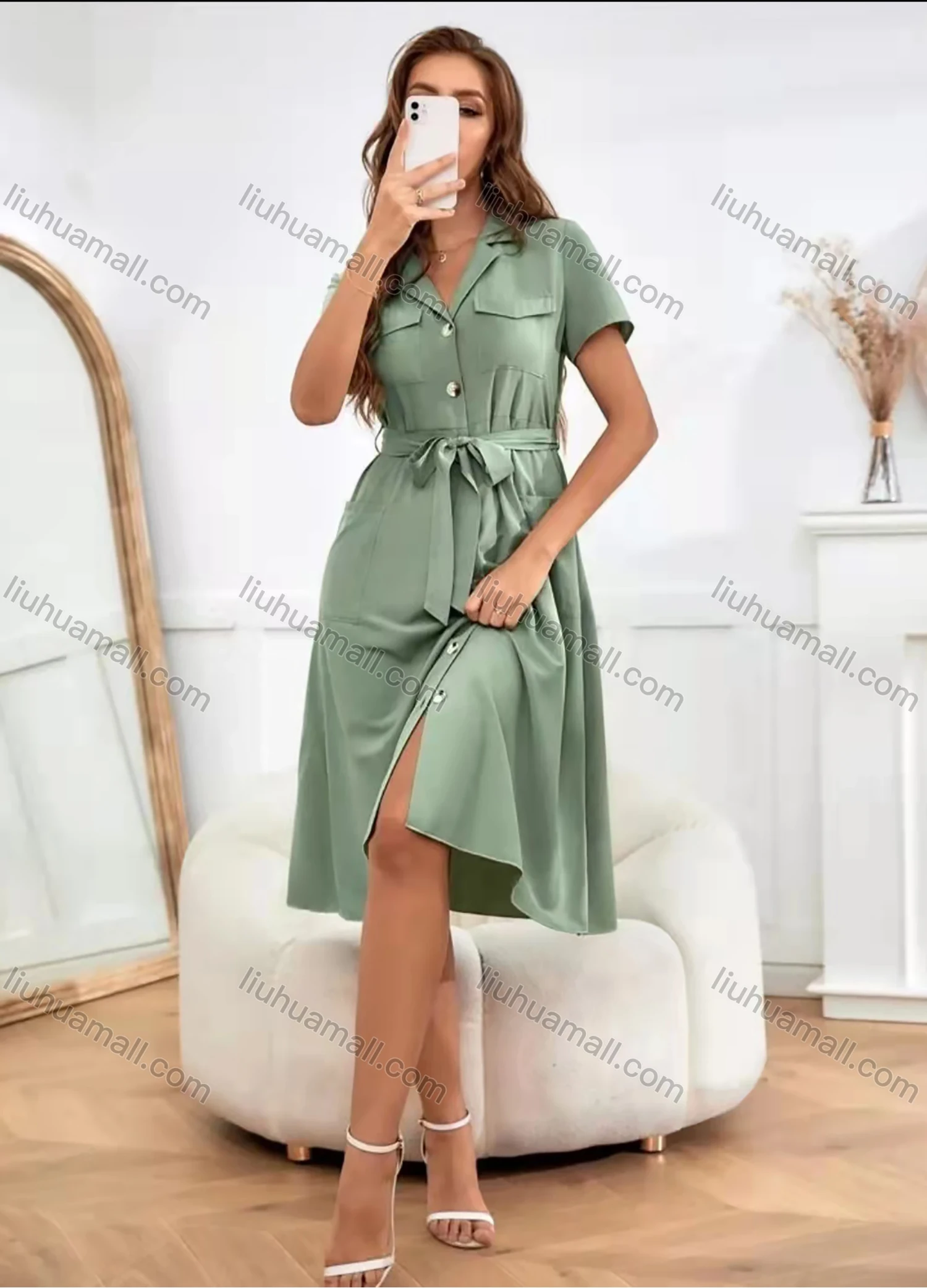 Wholesale Women's Casual Plain Lapel Short Sleeve Button Down Flap Pockets Midi Shirt Dress With Belt AY174# - Liuhuamall