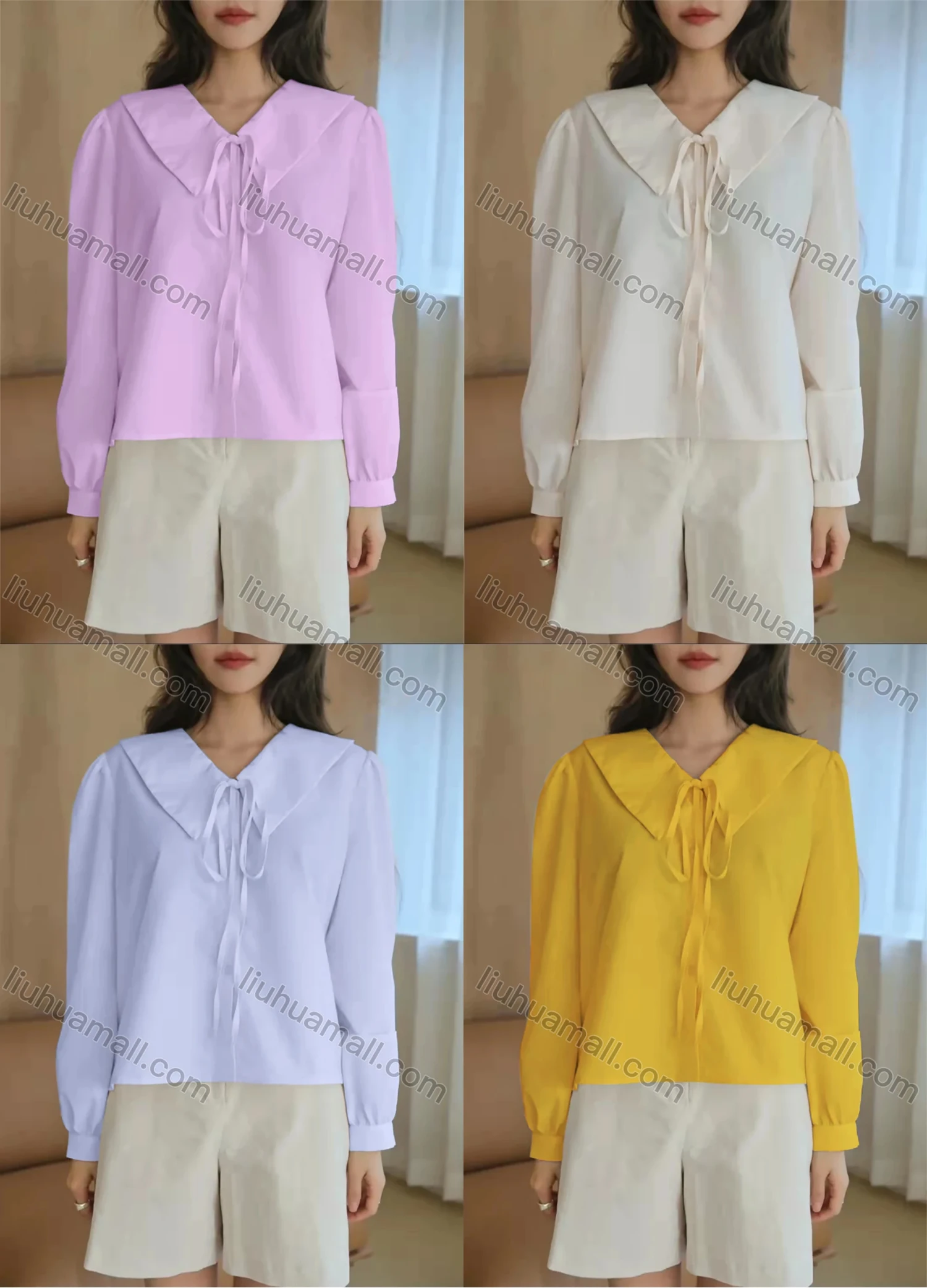 Wholesale Women's Peter Pan Collar Lantern Sleeve Lace Up Plain Blouse AY175# - Liuhuamall