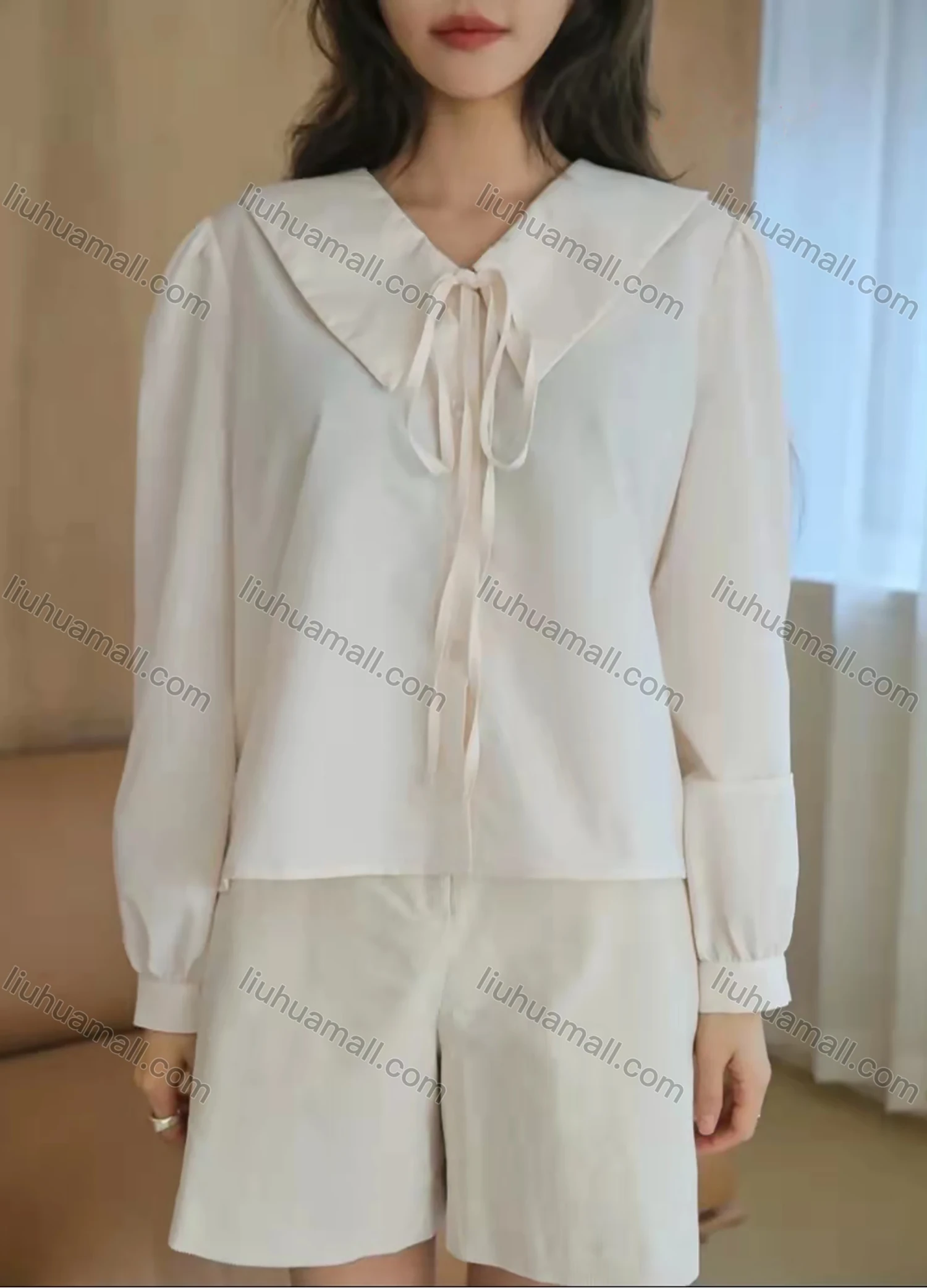 Wholesale Women's Peter Pan Collar Lantern Sleeve Lace Up Plain Blouse AY175# - Liuhuamall