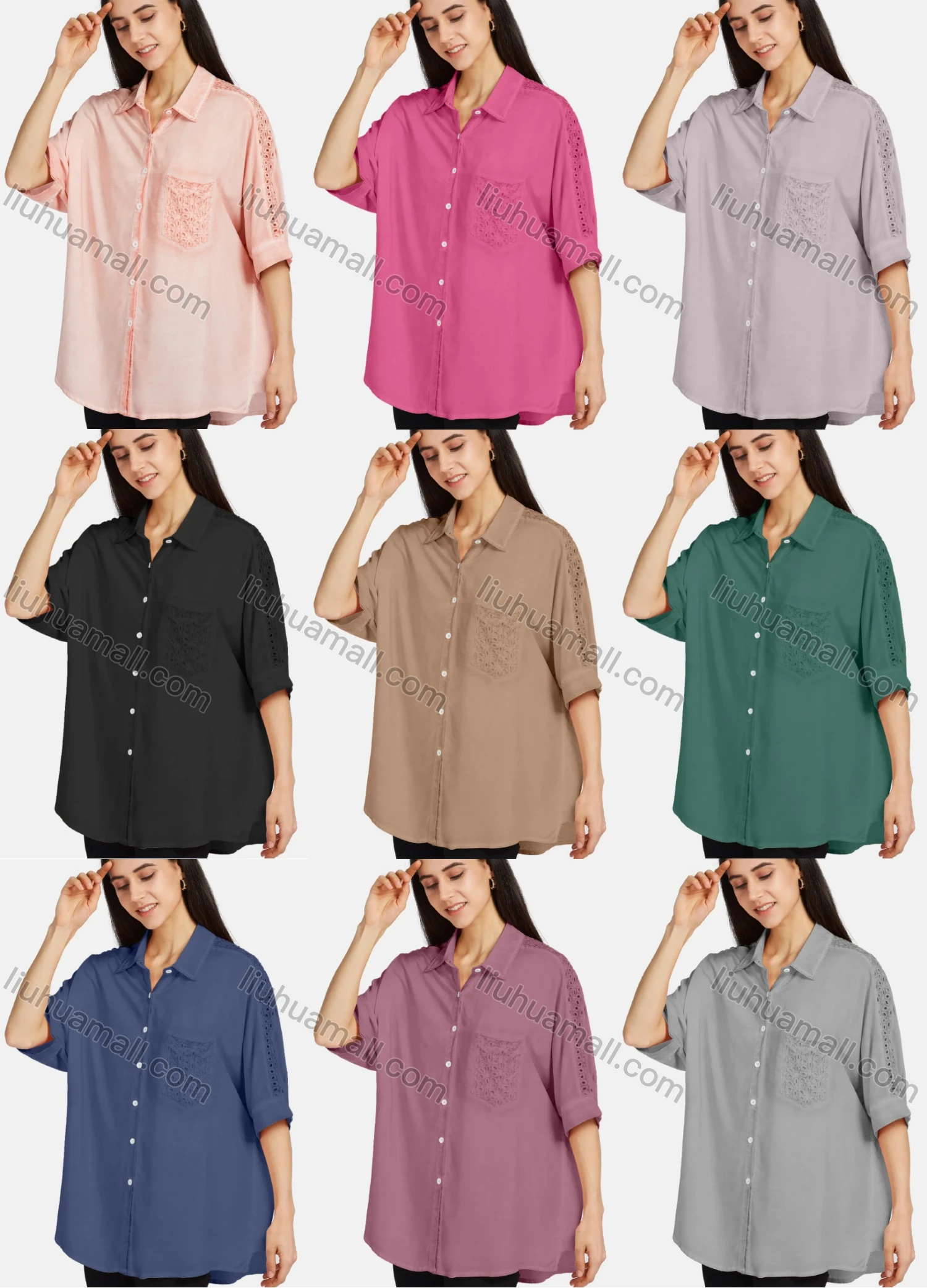 Wholesale Women's Stand Collar Button Down Half Sleeve Guipure Lace Solid Tunic - Liuhuamall