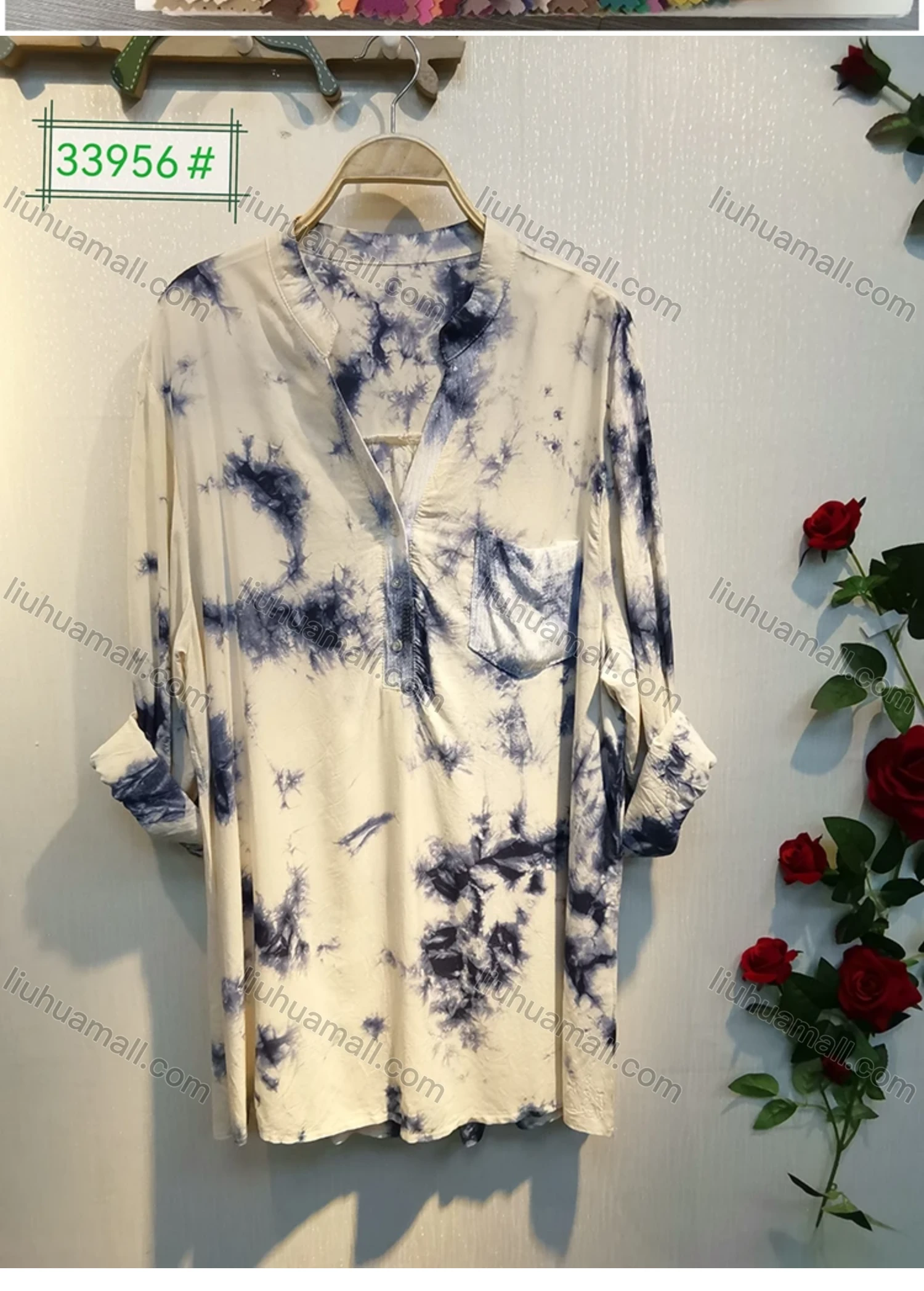 Wholesale Women's Button V Neck Drop Shoulder Buckle Strap Cuff Patch Pocket Tie Dye Tunic - Liuhuamall