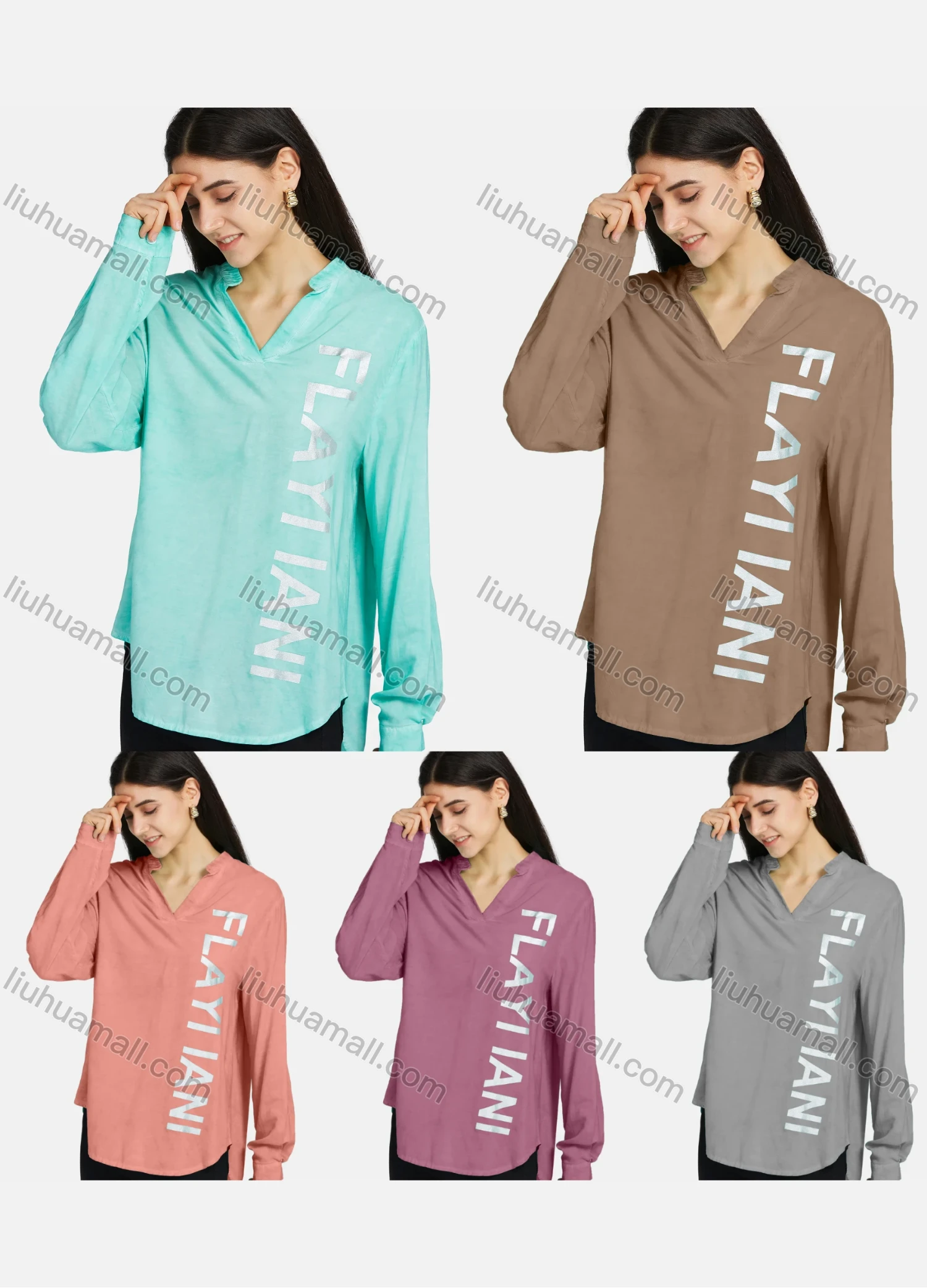 Wholesale Women's Notched Neck Buckle Strap Cuff Hot Stamping Letter High Low Hem Tunic - Liuhuamall