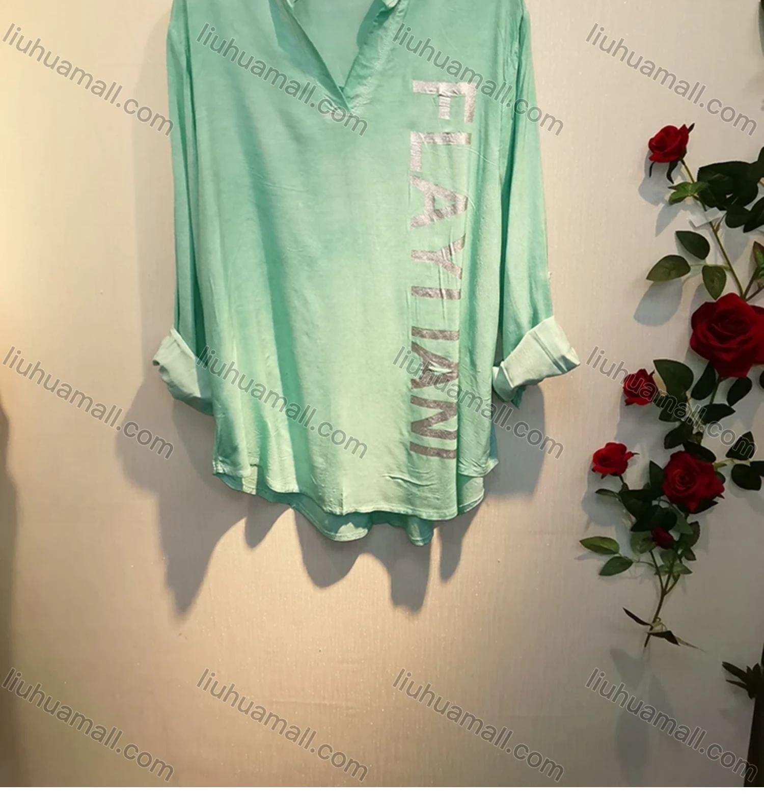 Wholesale Women's Notched Neck Buckle Strap Cuff Hot Stamping Letter High Low Hem Tunic - Liuhuamall