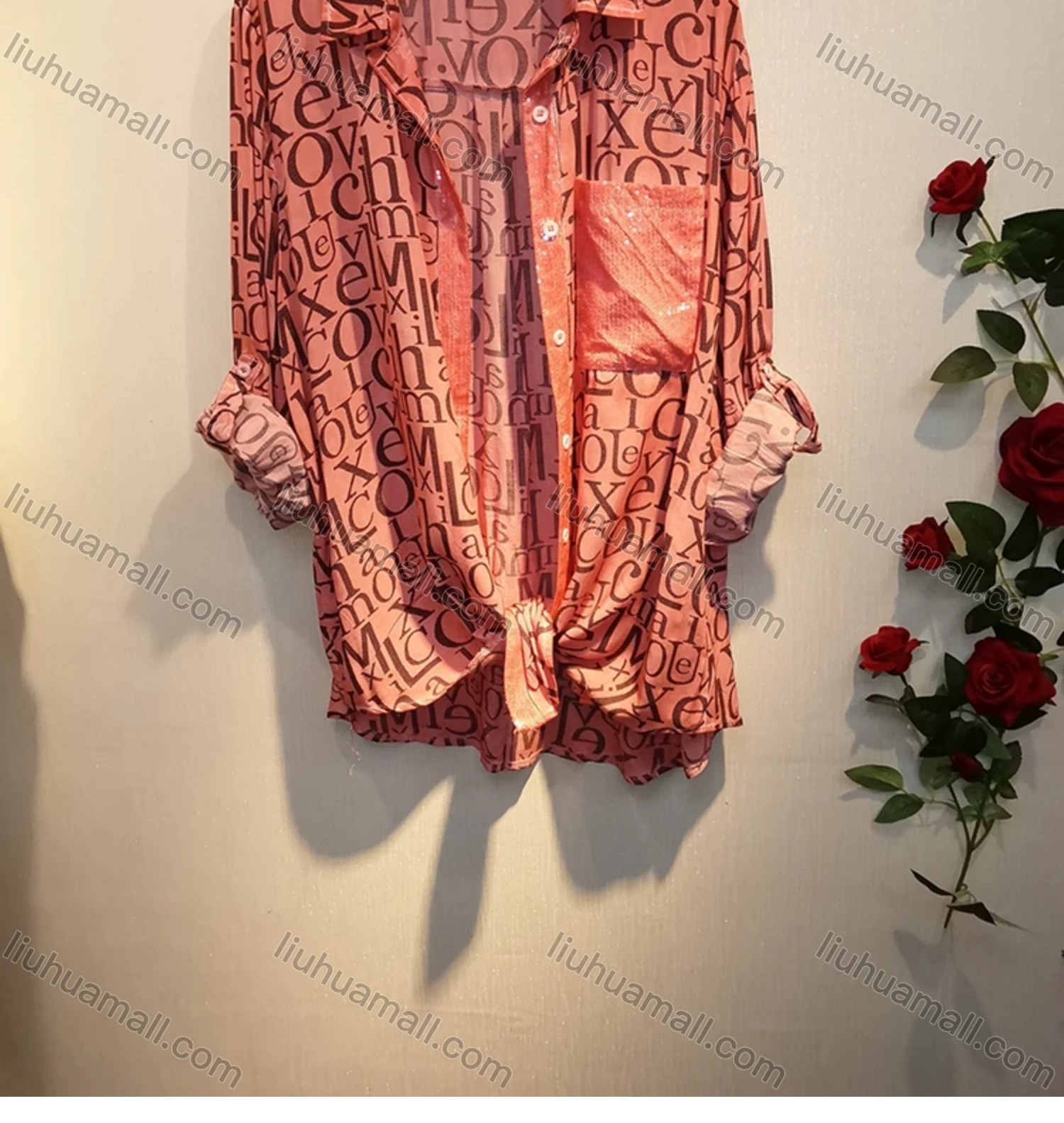 Wholesale Women's Collar Drop Shoulder Button Down Buckle Strap Cuff Sequin Patch Pocket Allover Letter Print Curved Hem Tunic - Liuhuamall