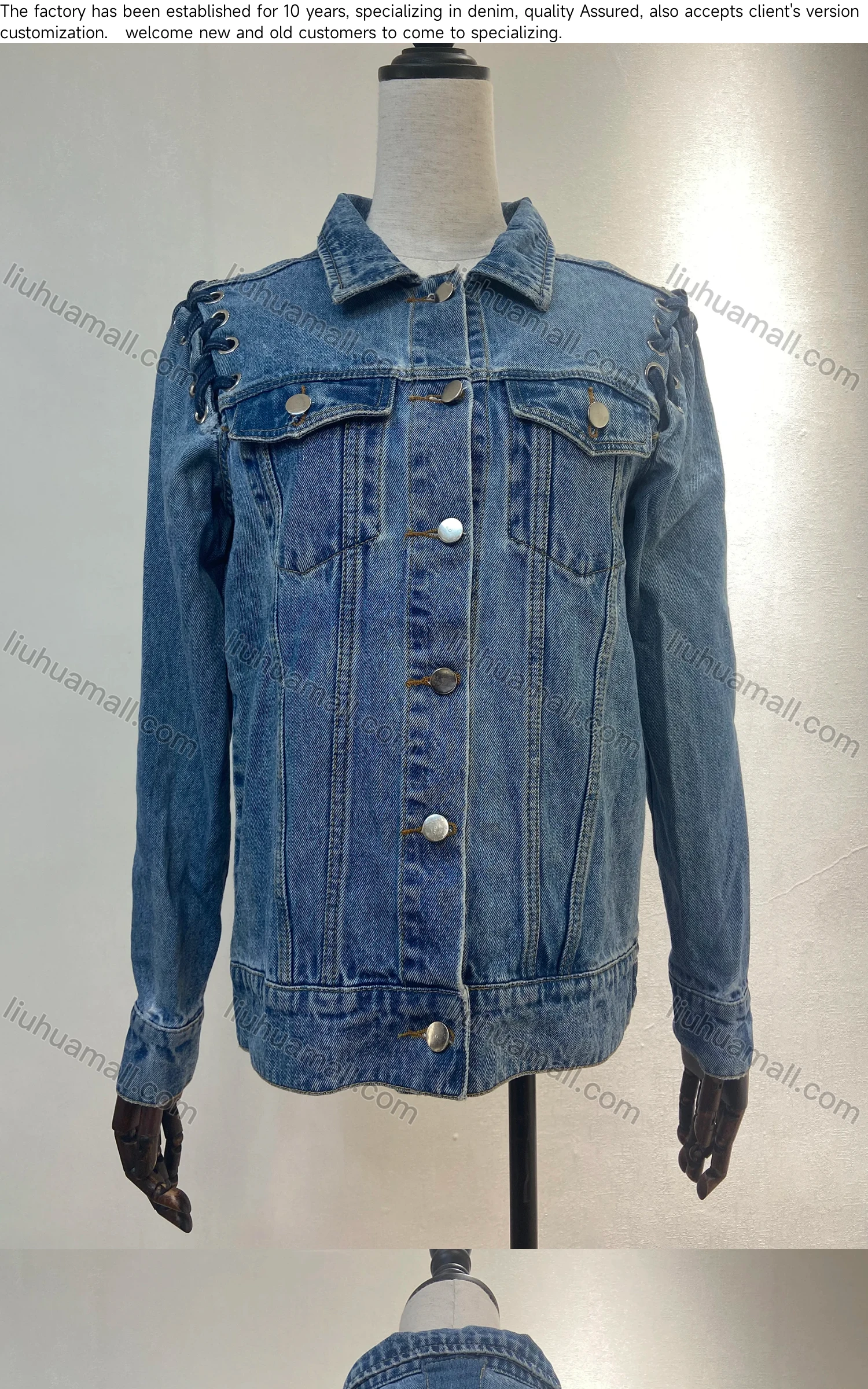 Wholesale Women's Fashion Plain Button Down Lace Up Wash Fake Pocket Denim Jacket - Liuhuamall