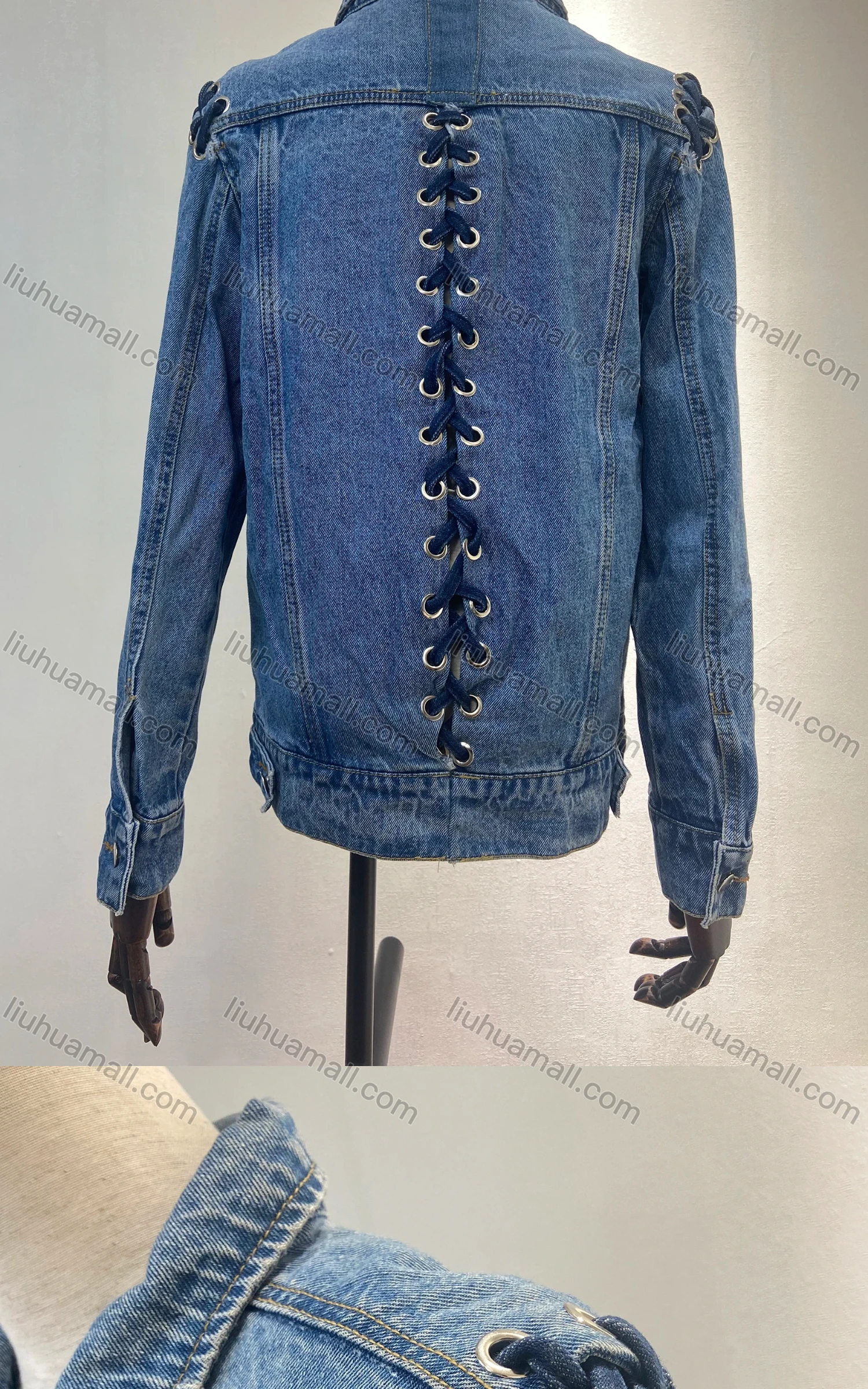 Wholesale Women's Fashion Plain Button Down Lace Up Wash Fake Pocket Denim Jacket - Liuhuamall