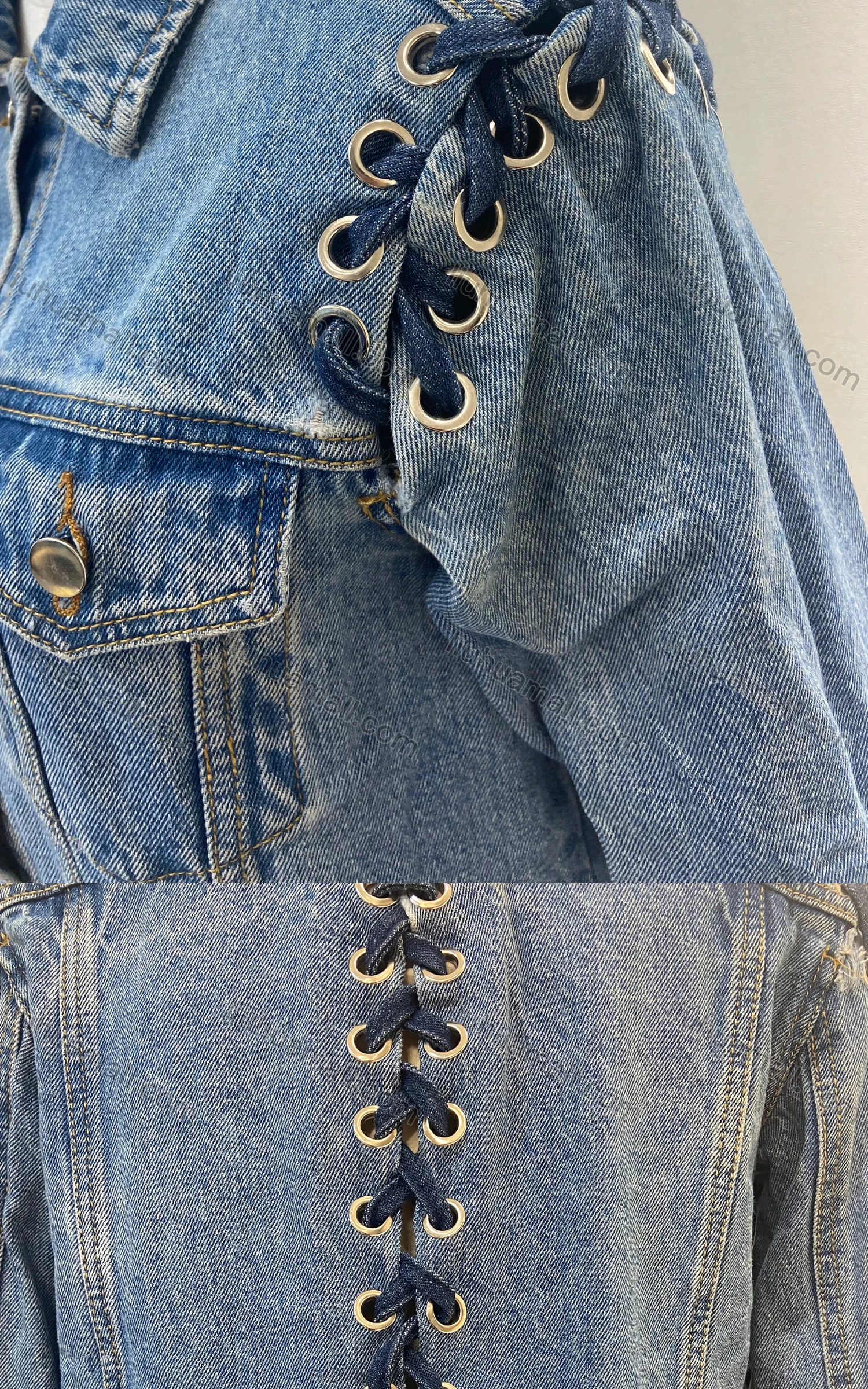Wholesale Women's Fashion Plain Button Down Lace Up Wash Fake Pocket Denim Jacket - Liuhuamall