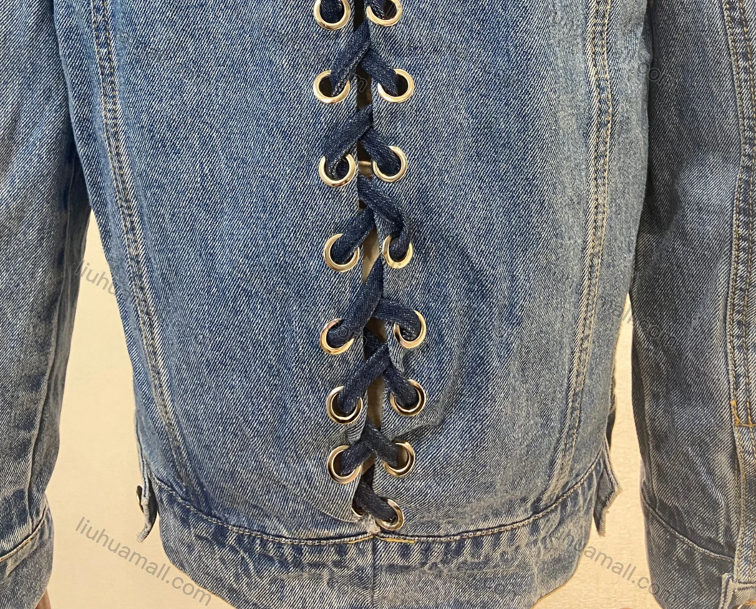 Wholesale Women's Fashion Plain Button Down Lace Up Wash Fake Pocket Denim Jacket - Liuhuamall