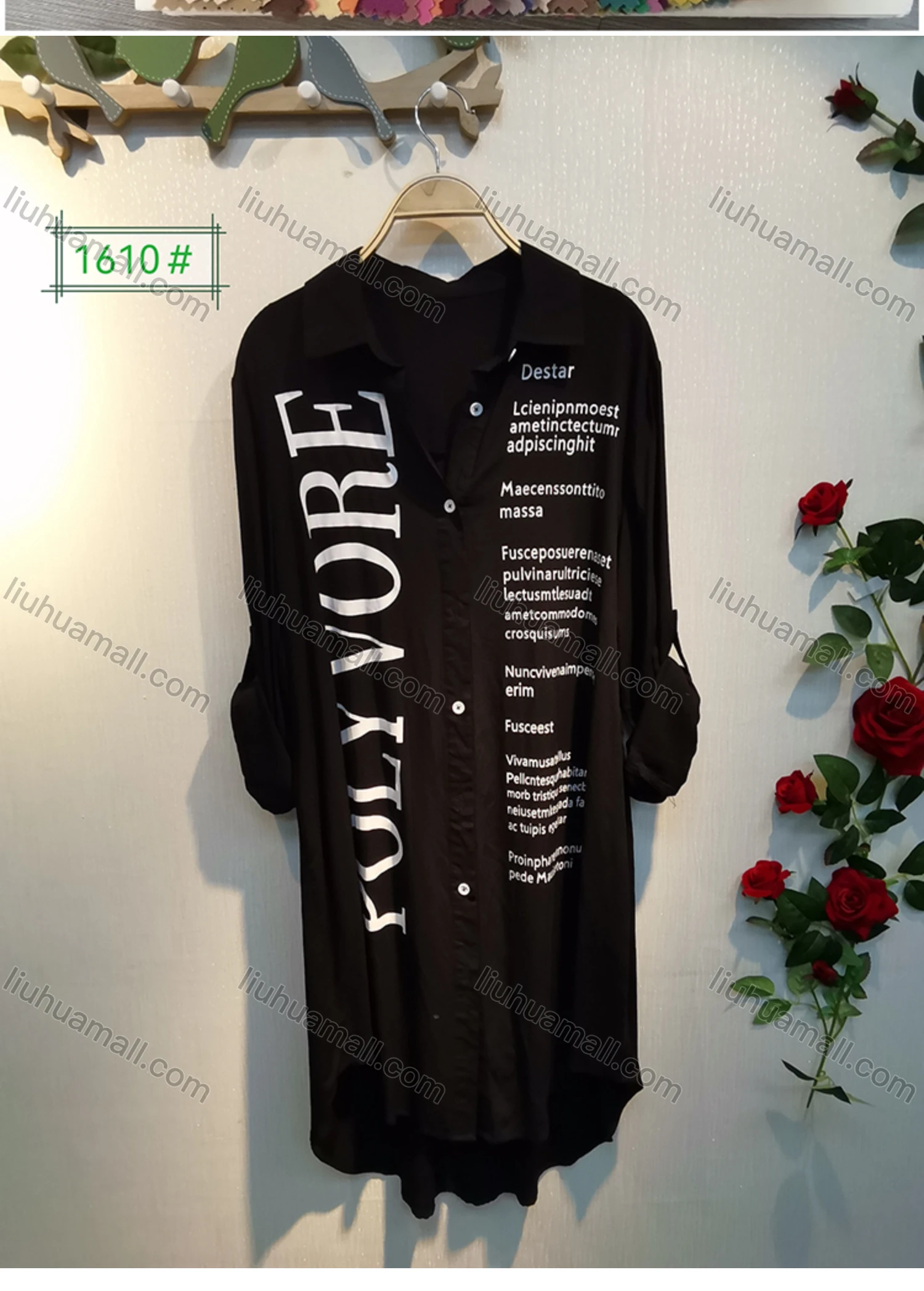 Wholesale Women's Collar Button Down Buckle Strap Cuff Letter Print High Low Hem Shirt Dress - Liuhuamall