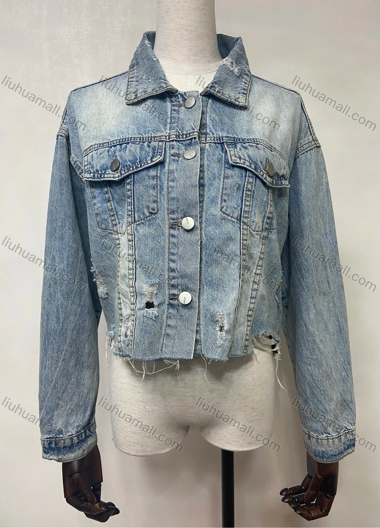 Wholesale Women's Fashion Button Down Ripped Distressed Frayed Raw Hem Crop Denim Jacket - Liuhuamall