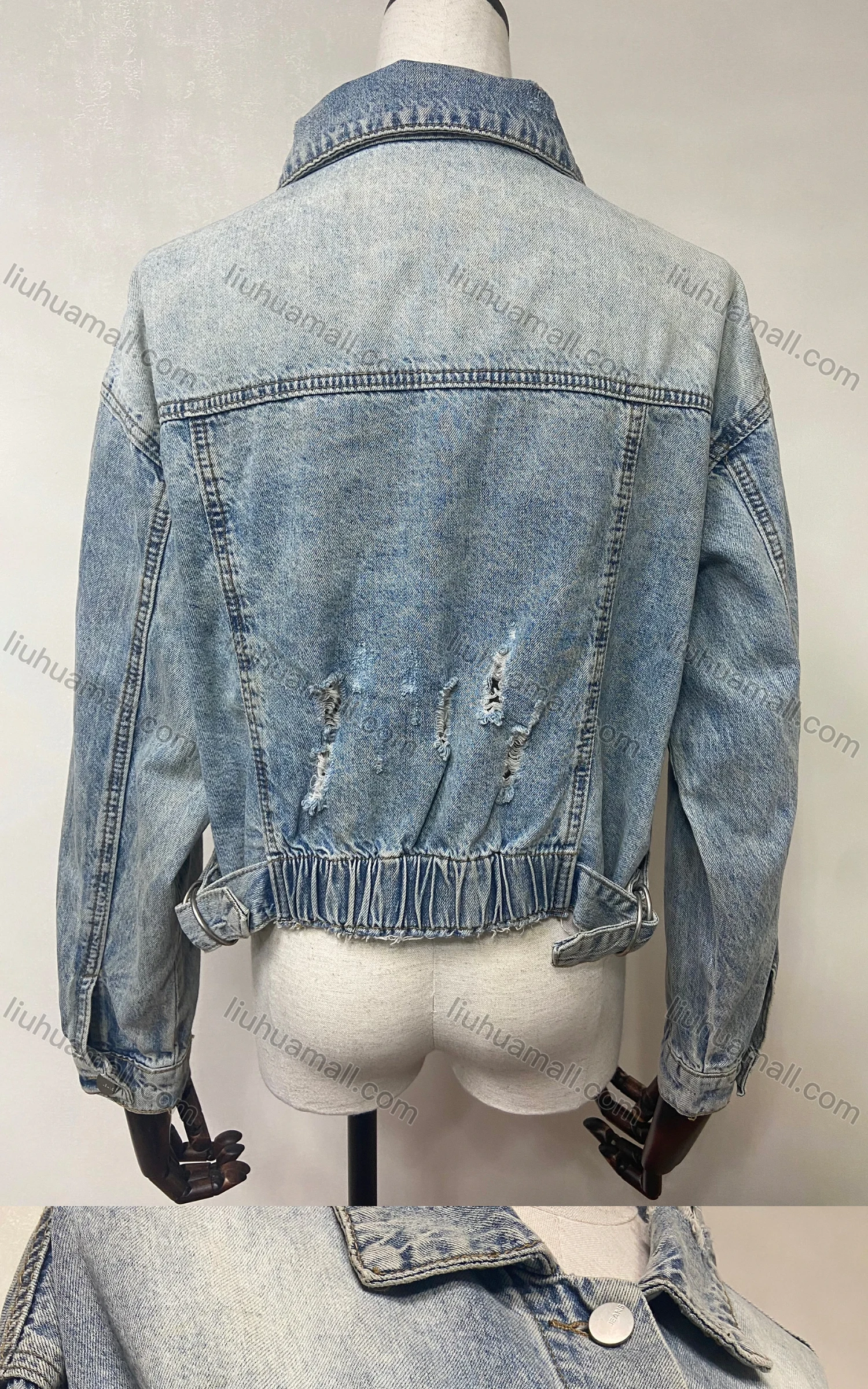Wholesale Women's Fashion Button Down Ripped Distressed Frayed Raw Hem Crop Denim Jacket - Liuhuamall