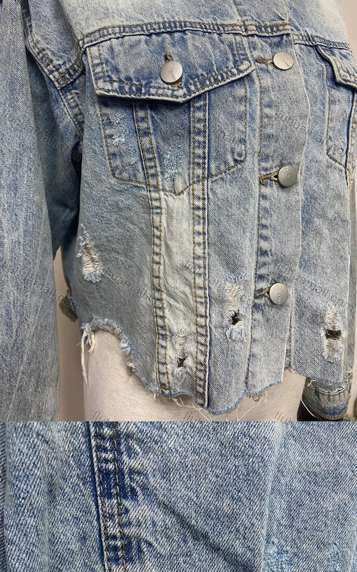 Wholesale Women's Fashion Button Down Ripped Distressed Frayed Raw Hem Crop Denim Jacket - Liuhuamall