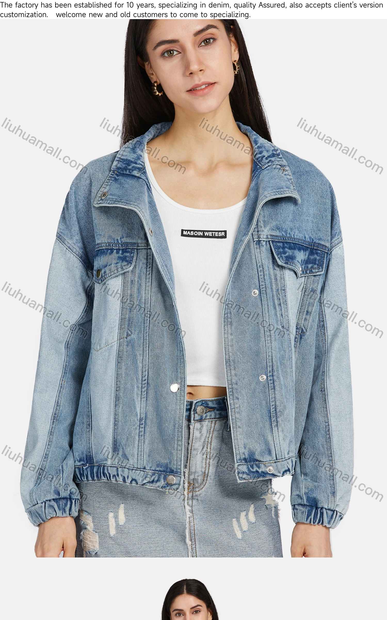 Wholesale Women's Fashion Plain Lapel Button Down Splicing Distressed Fake Pocket Denim Jacket - Liuhuamall