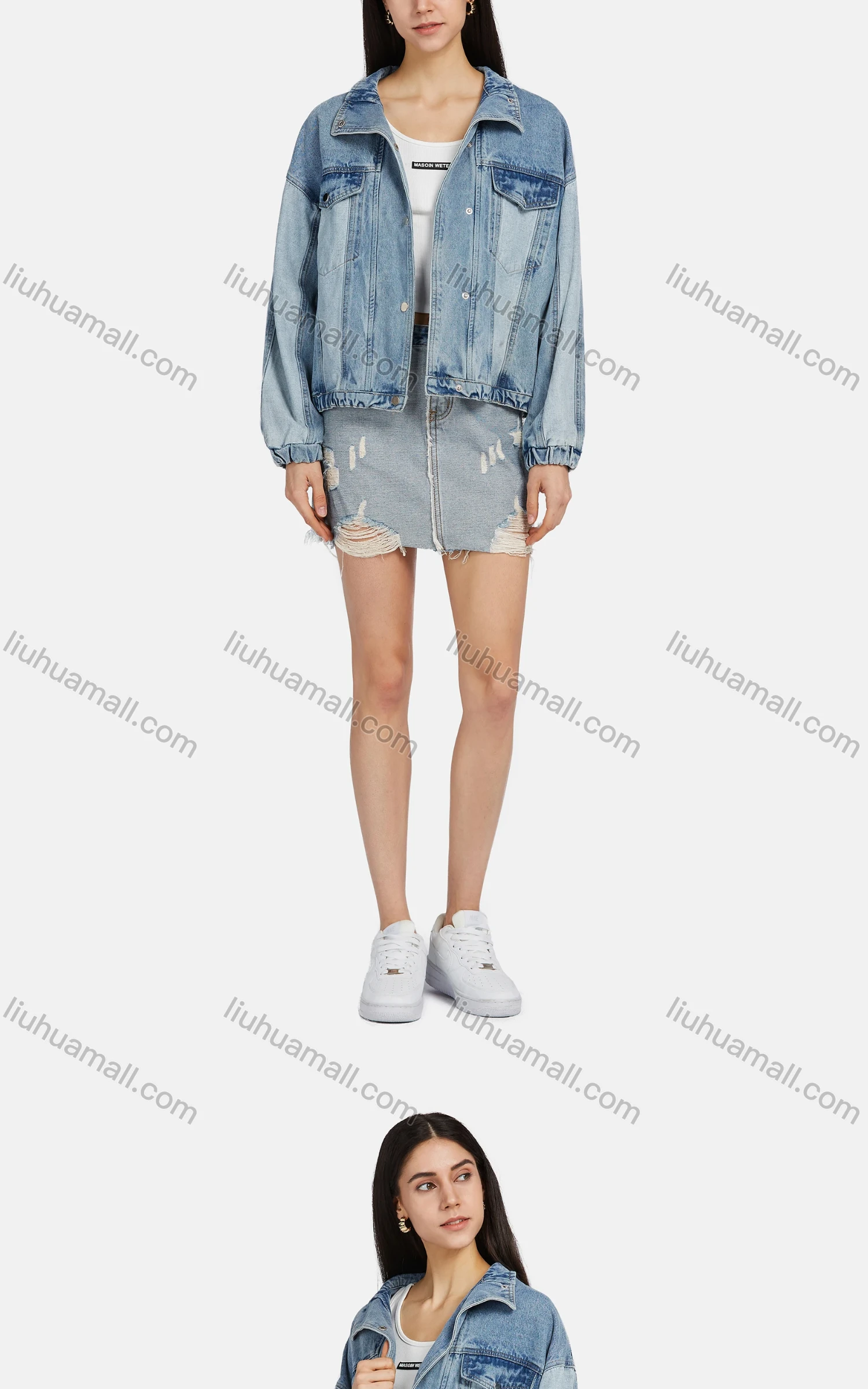 Wholesale Women's Fashion Plain Lapel Button Down Splicing Distressed Fake Pocket Denim Jacket - Liuhuamall