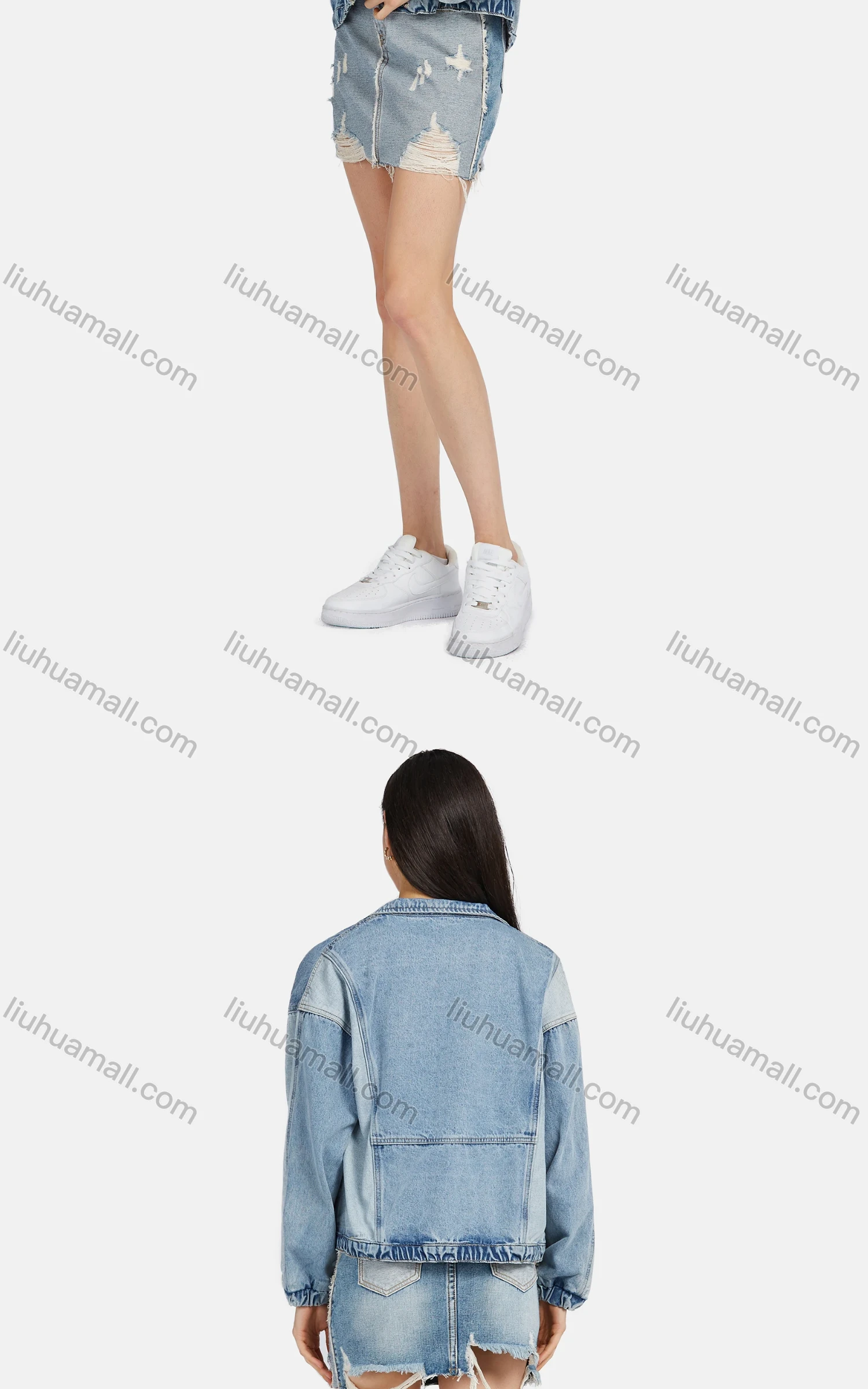 Wholesale Women's Fashion Plain Lapel Button Down Splicing Distressed Fake Pocket Denim Jacket - Liuhuamall