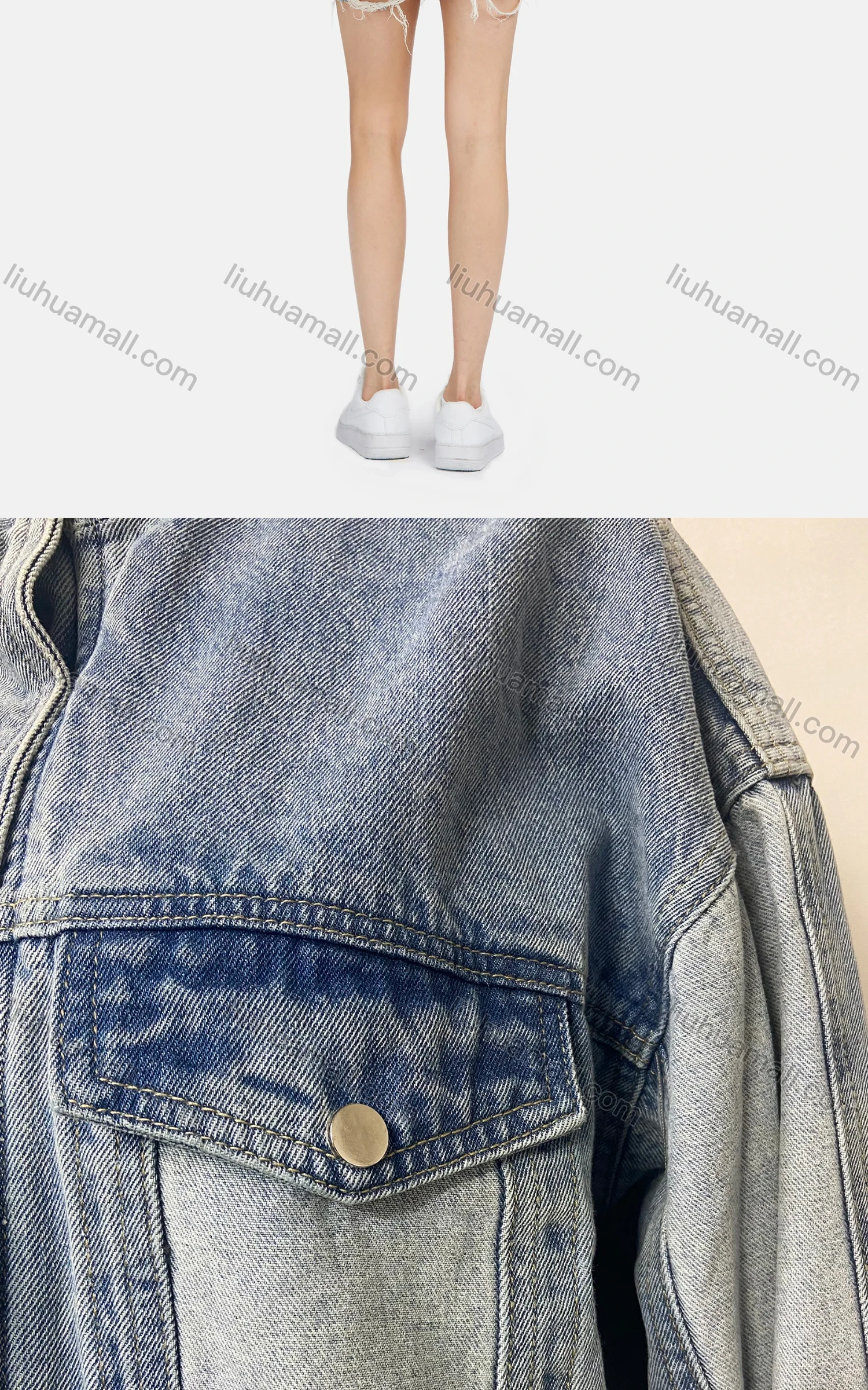 Wholesale Women's Fashion Plain Lapel Button Down Splicing Distressed Fake Pocket Denim Jacket - Liuhuamall