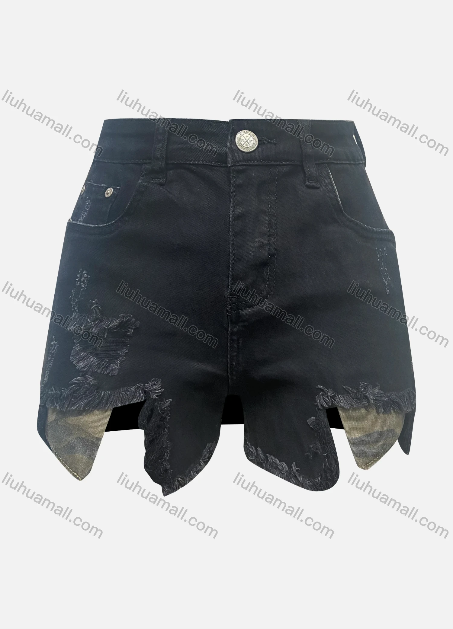 Wholesale Women's Fashion Plain Ripped Frayed Raw Hem Pocket Button Closure Denim Shorts 3293# - Liuhuamall