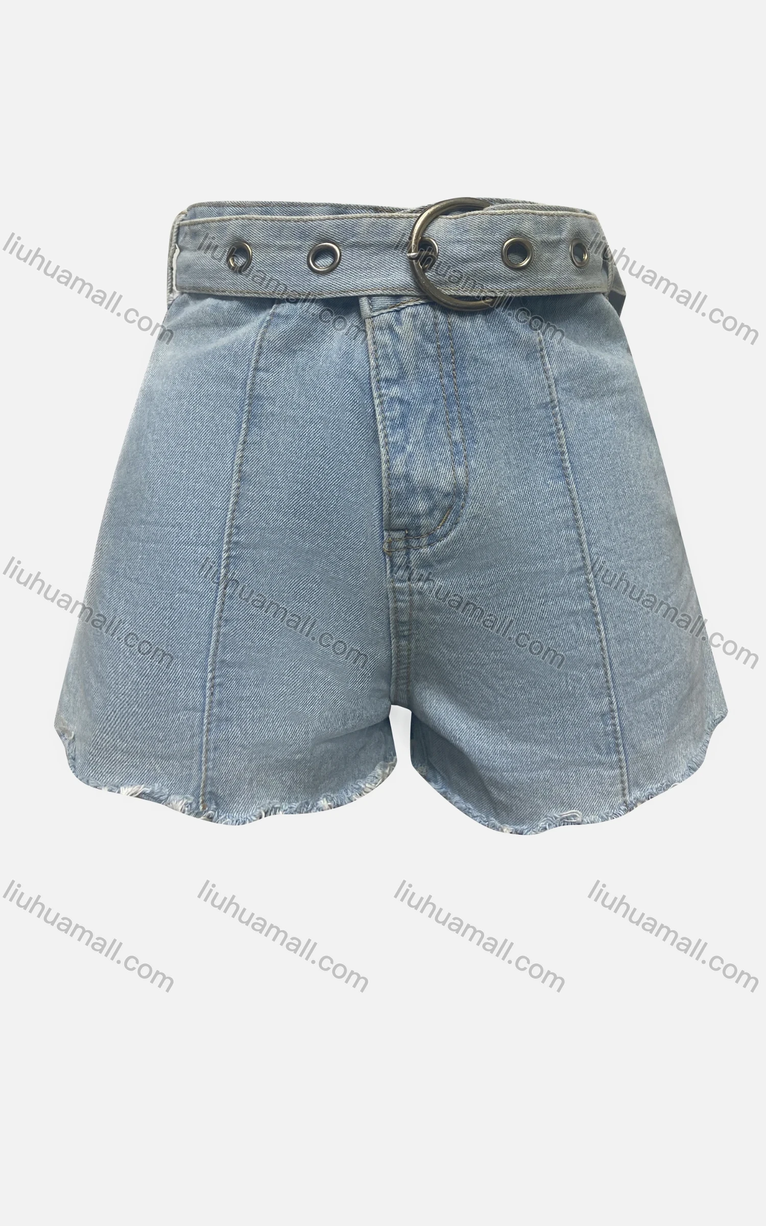 Wholesale Women's Fashion Plain Topstitch Sewing Frayed Raw Hem Pocket Denim Shorts With Belt 3294# - Liuhuamall