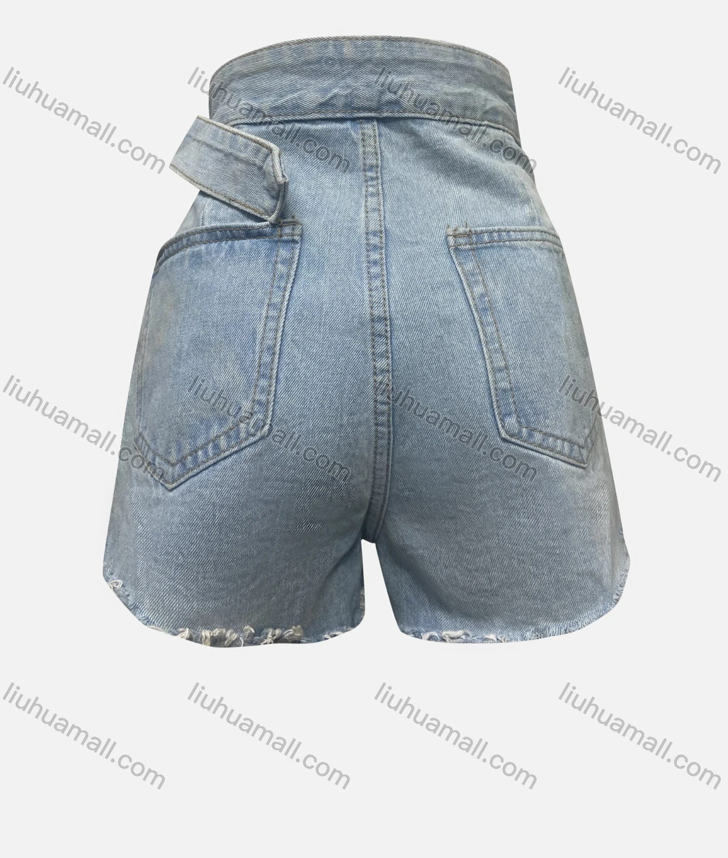 Wholesale Women's Fashion Plain Topstitch Sewing Frayed Raw Hem Pocket Denim Shorts With Belt 3294# - Liuhuamall