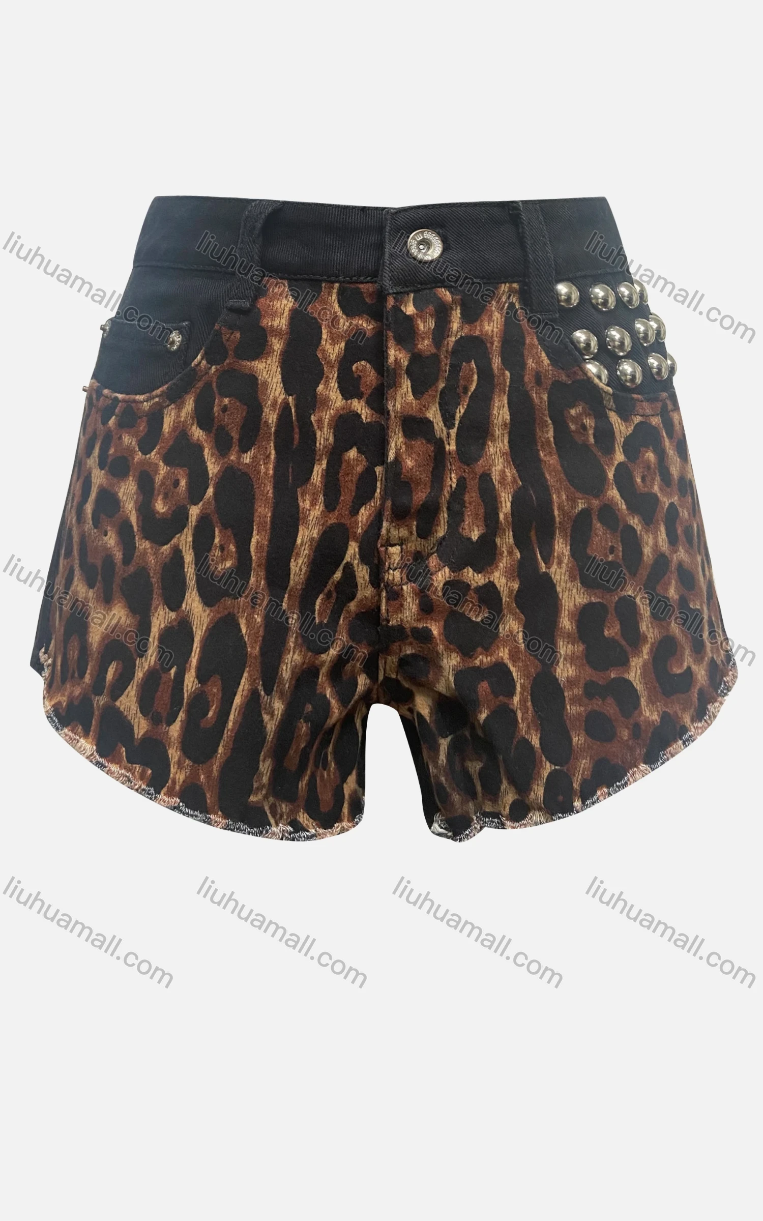 Wholesale Women's Fashion Leopard Print Splicing Beading Frayed Raw Hem Pockets Denim Shorts 3296# - Liuhuamall