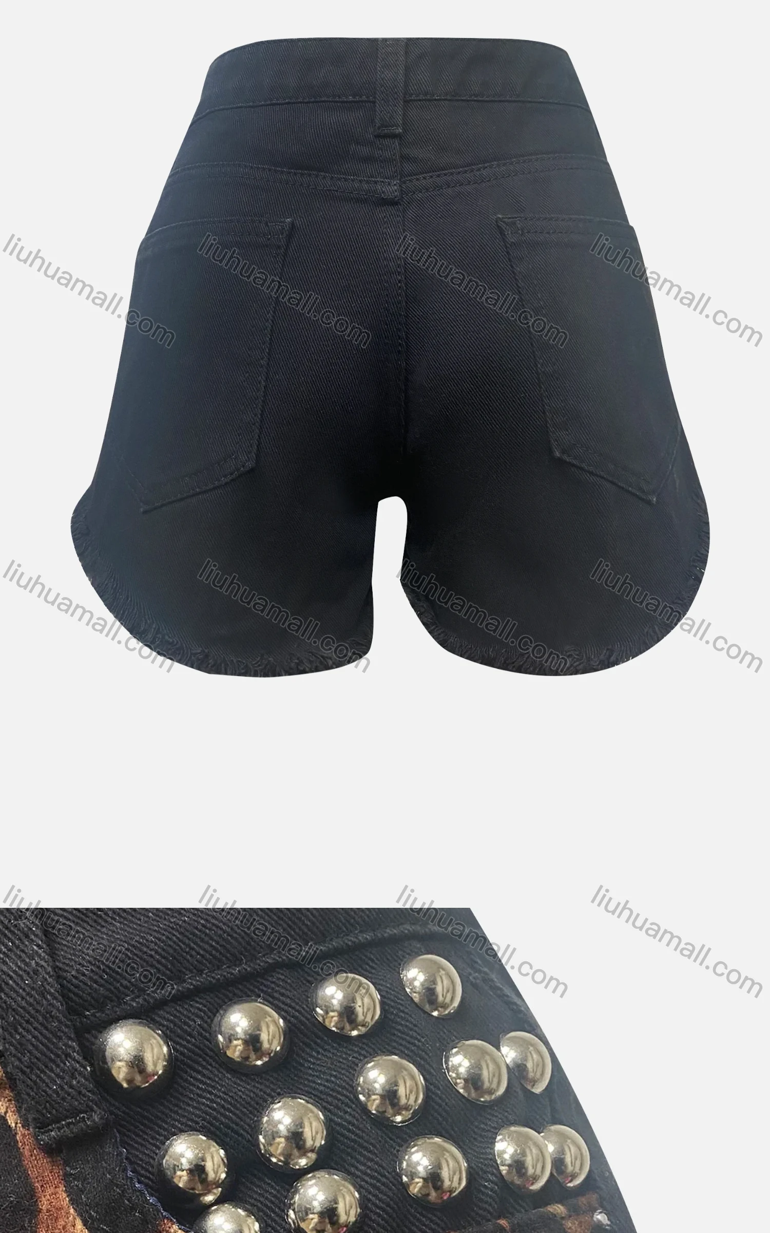 Wholesale Women's Fashion Leopard Print Splicing Beading Frayed Raw Hem Pockets Denim Shorts 3296# - Liuhuamall