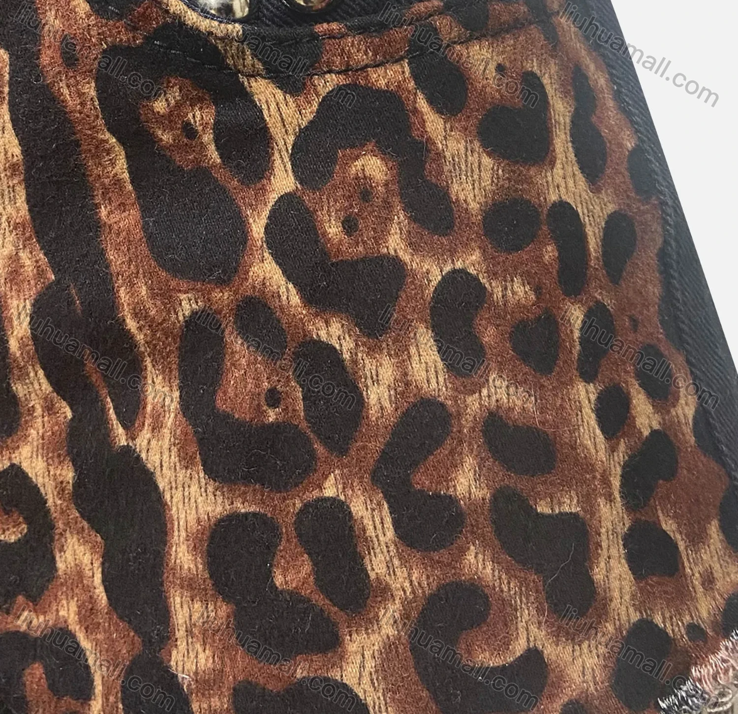 Wholesale Women's Fashion Leopard Print Splicing Beading Frayed Raw Hem Pockets Denim Shorts 3296# - Liuhuamall